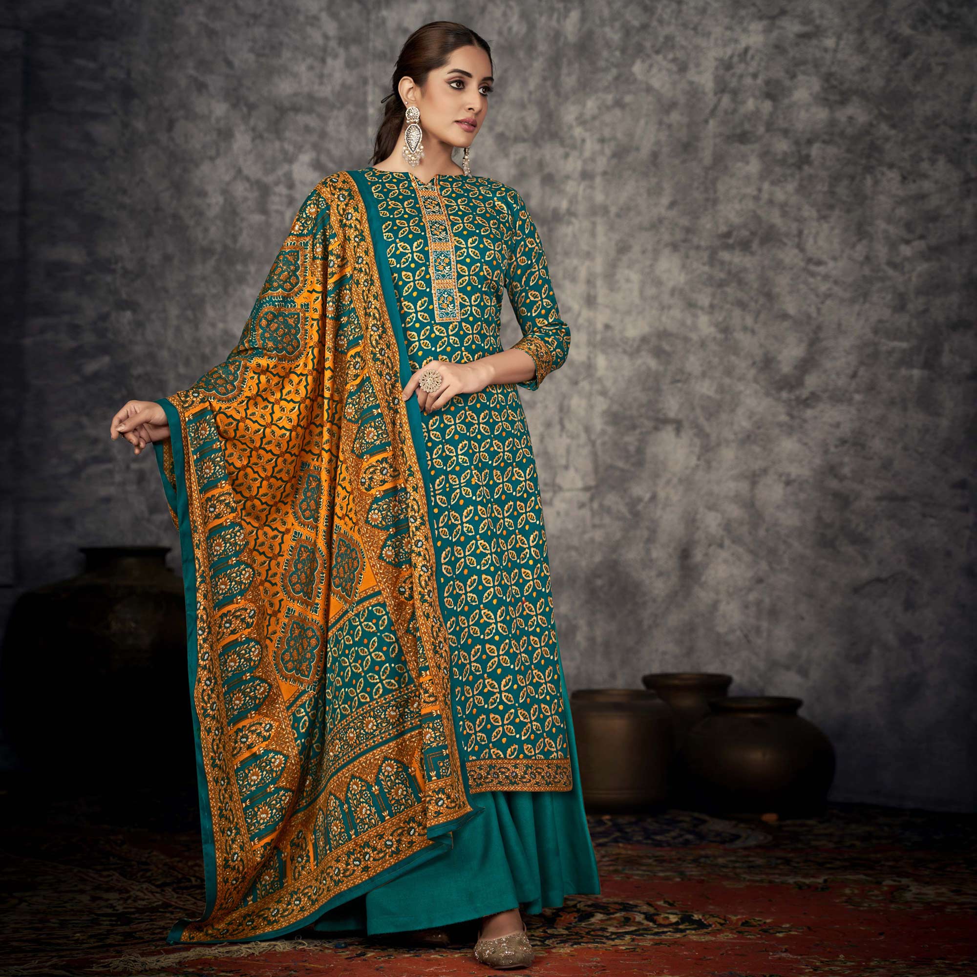 Rama Blue Printed With Embroidered Pashmina Suit