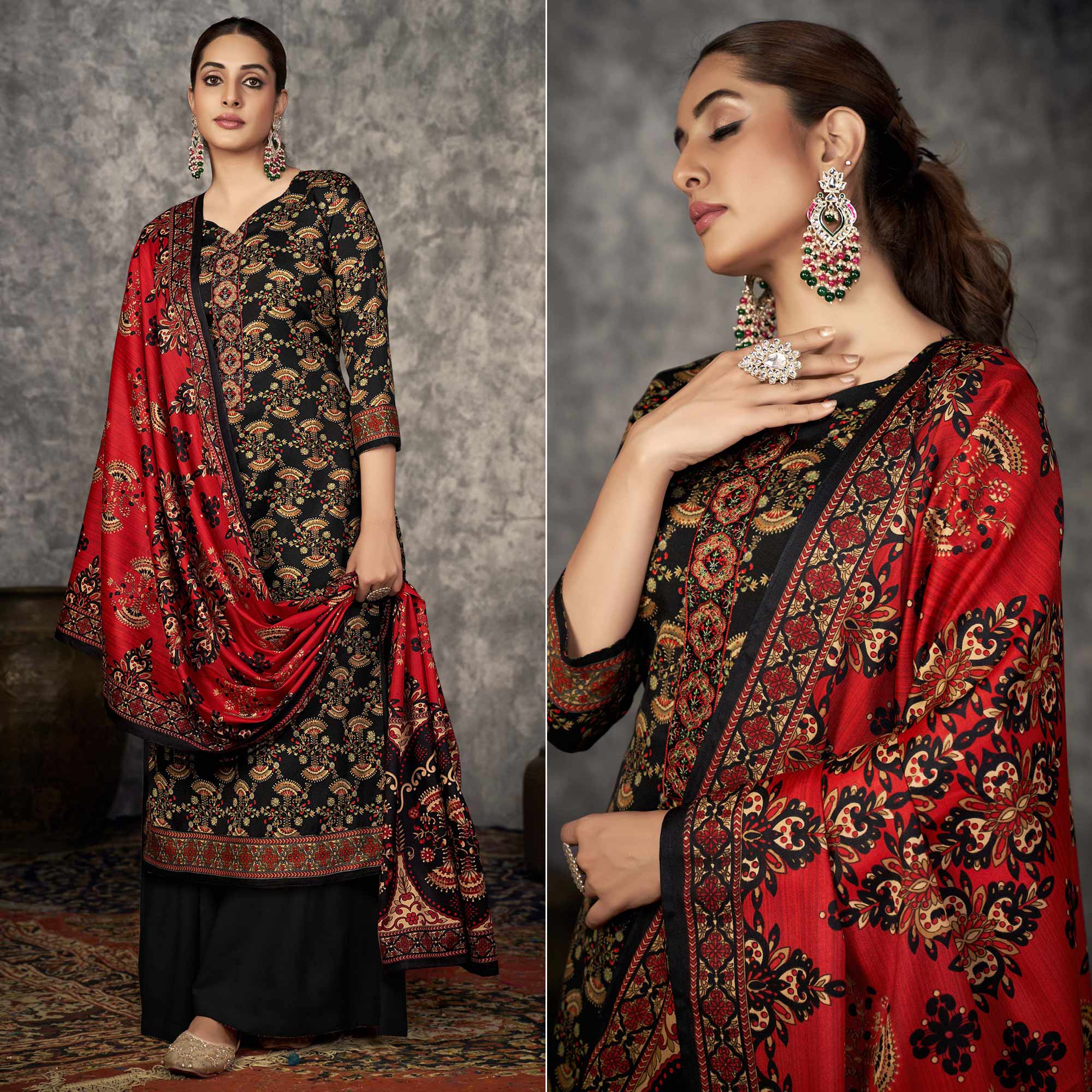 Black Printed With Embroidered Pashmina Suit