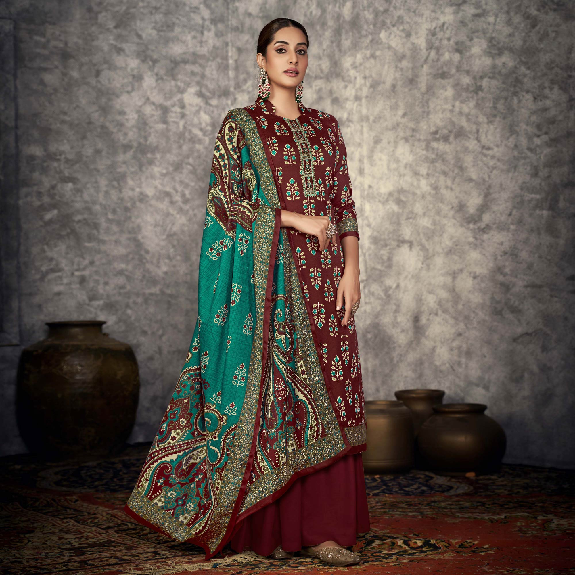 Burgundy Printed With Embroidered Pashmina Suit