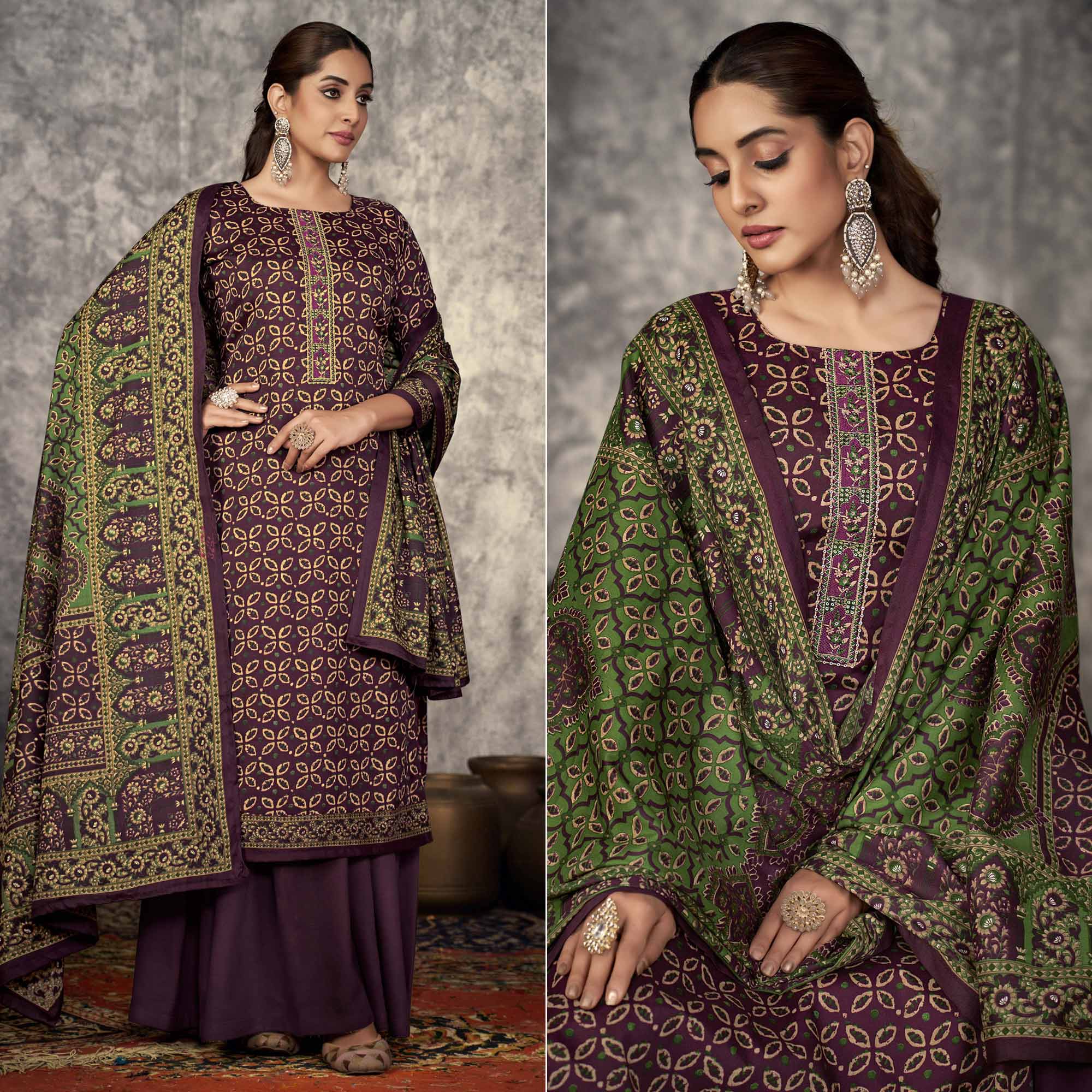 Wine Printed With Embroidered Pashmina Suit