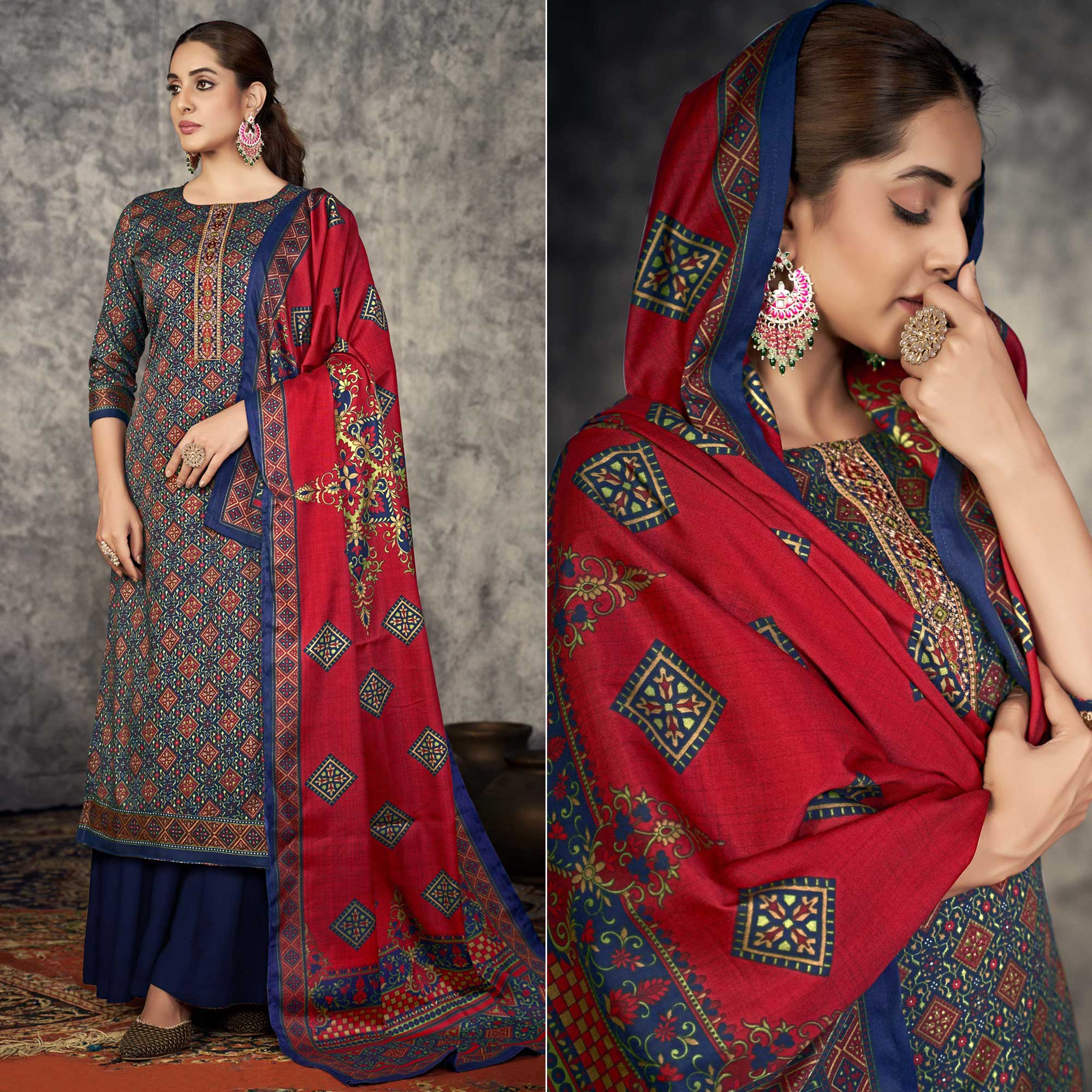 Blue Printed With Embroidered Pashmina Suit