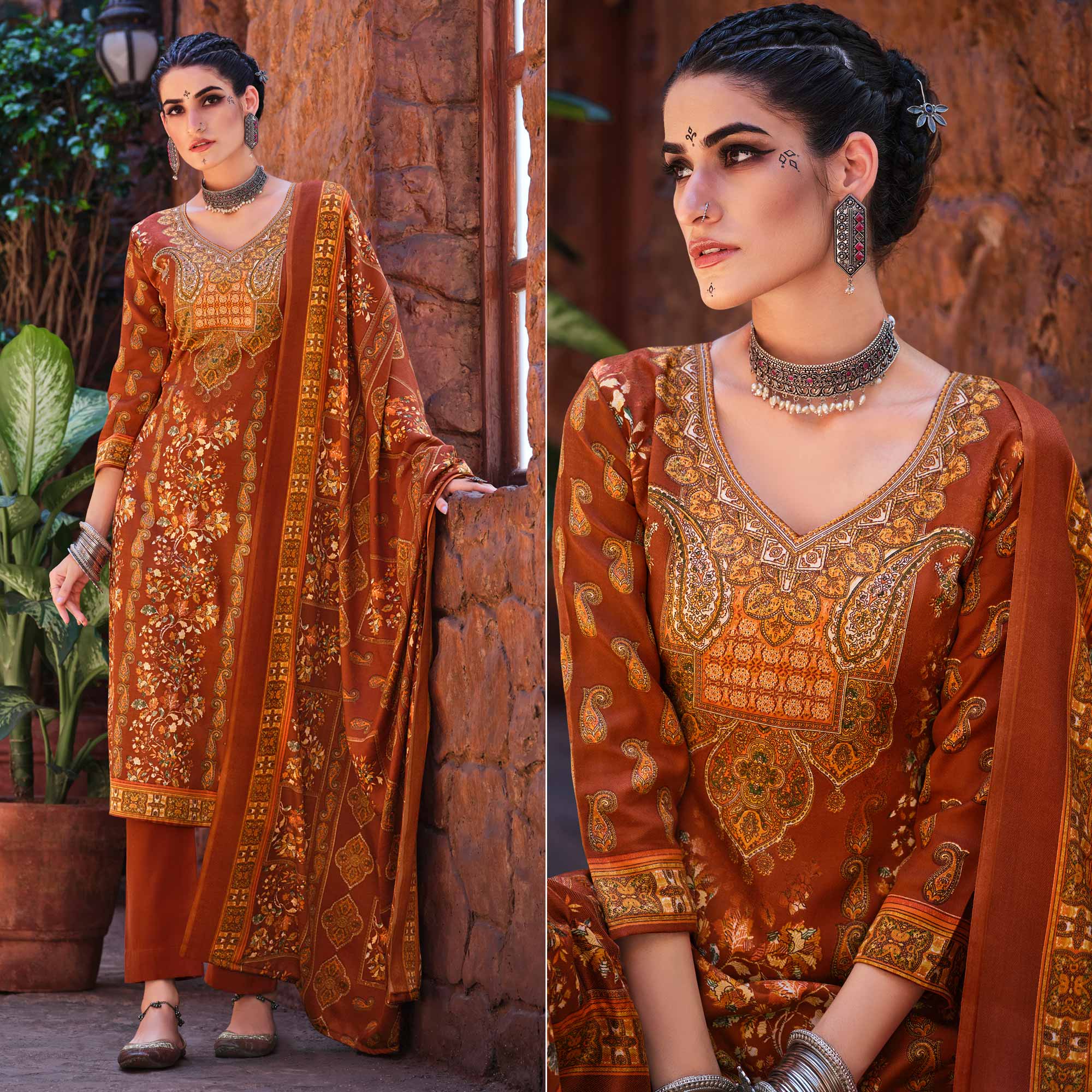 Rust Floral Digital Printed Pashmina Salwar Suit