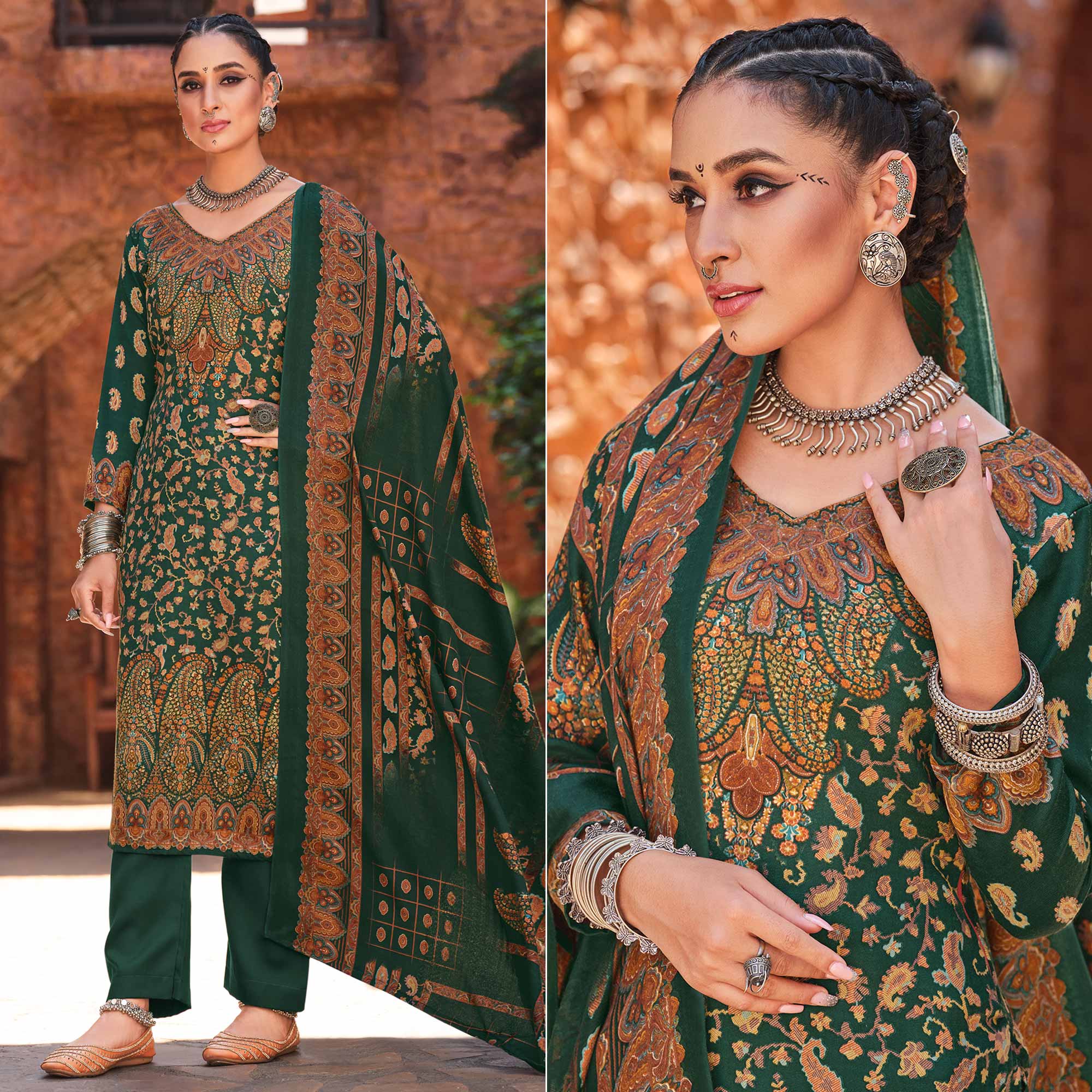 Green Floral Digital Printed Pashmina Salwar Suit