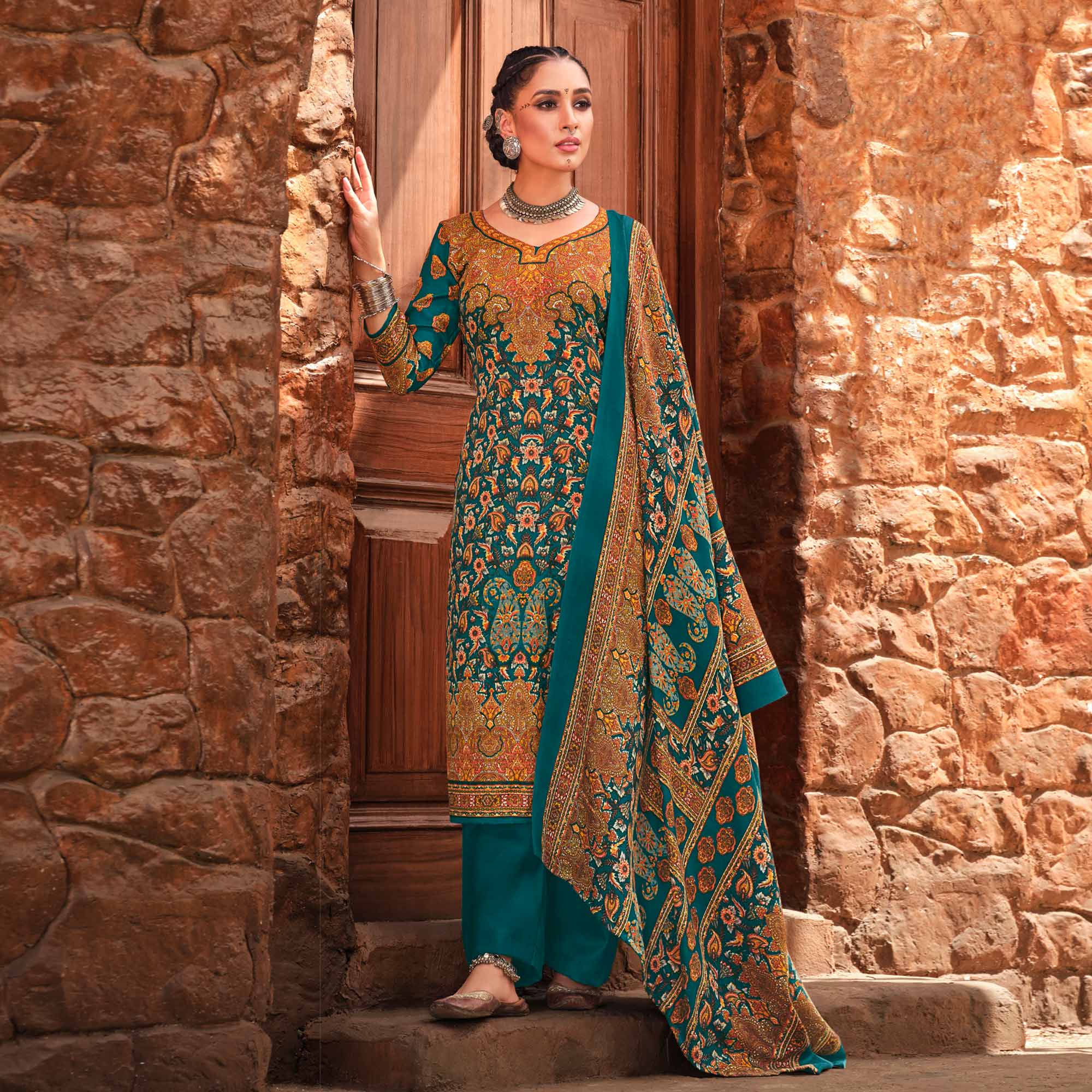 Rama Blue Floral Digital Printed Pashmina Salwar Suit