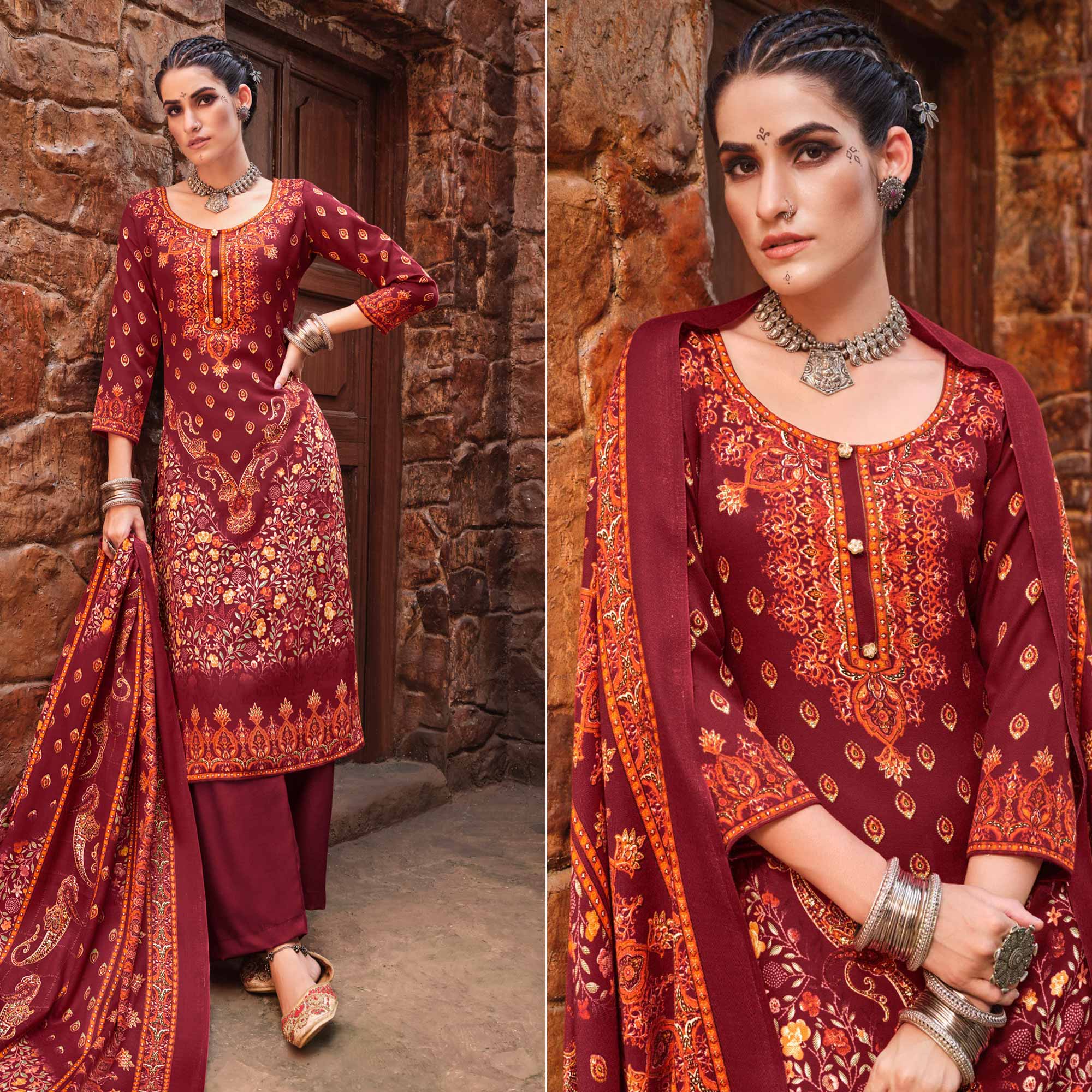 Maroon Floral Digital Printed Pashmina Salwar Suit