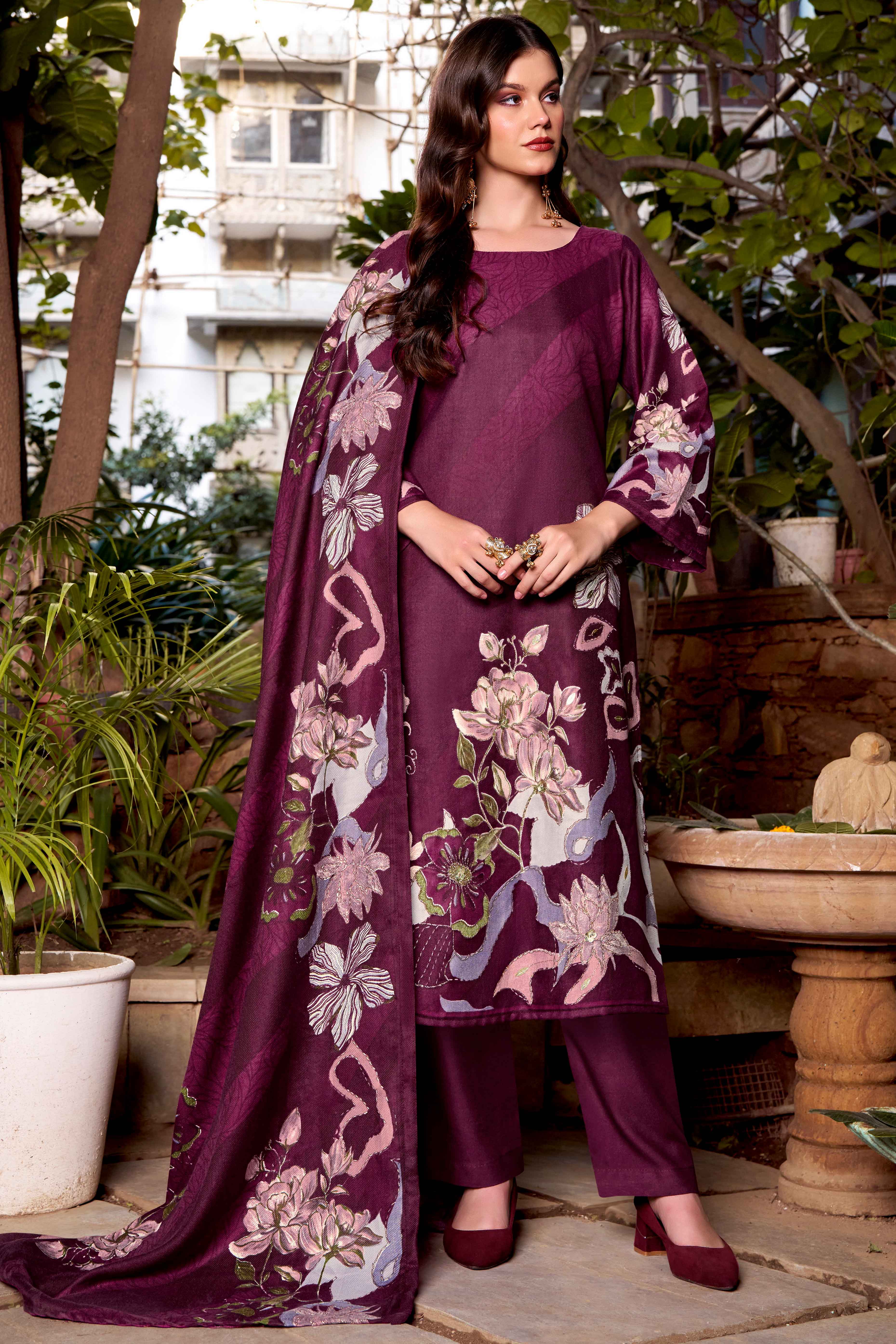Purple Elegant Floral Printed Pure Pashmina Dress Material for Winter Wear