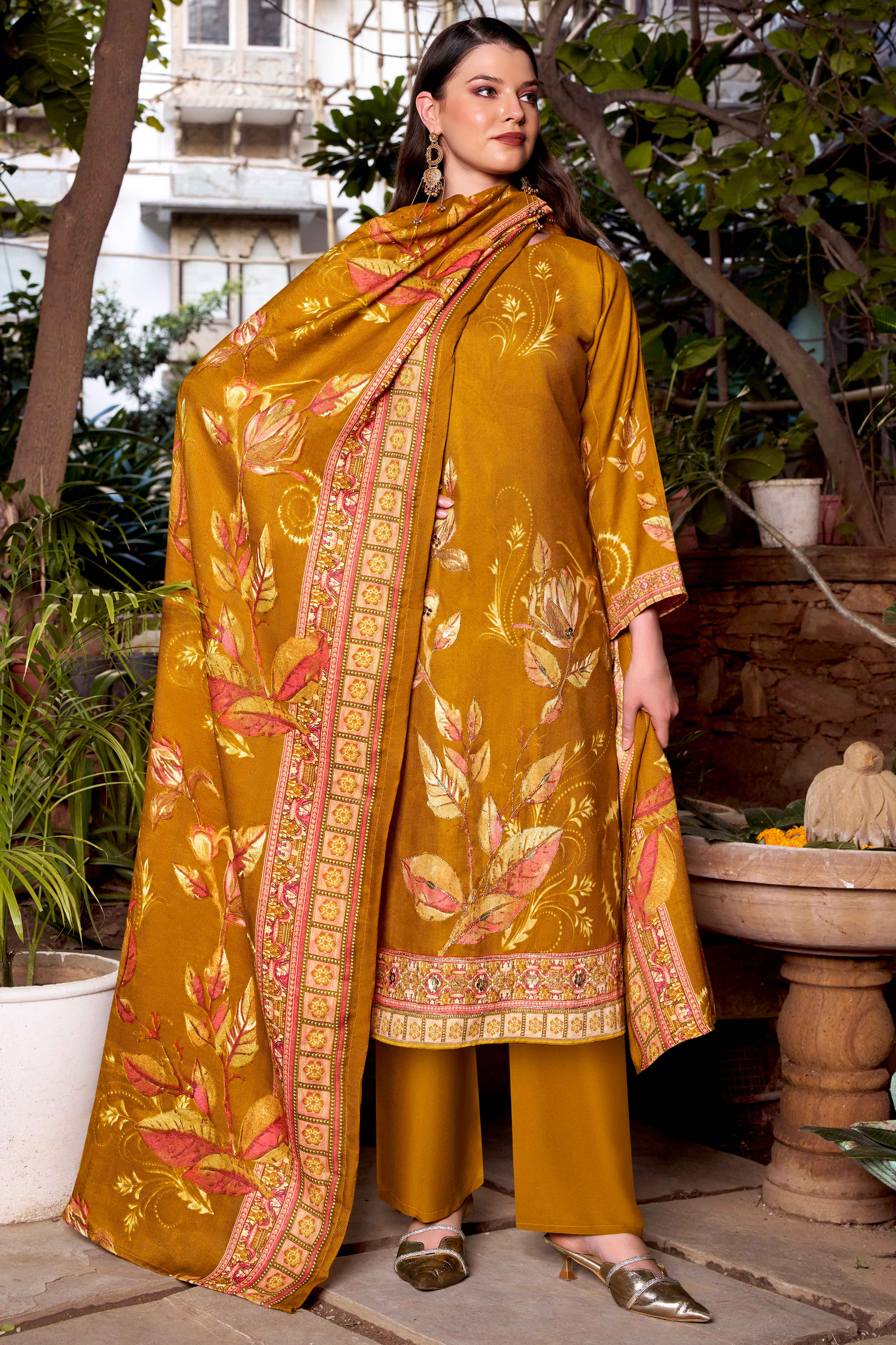 Mustard Elegant Floral Printed Pure Pashmina Dress Material for Winter Wear