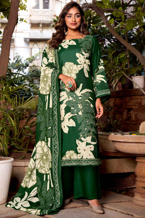 Green Elegant Floral Printed Pure Pashmina Dress Material for Winter Wear