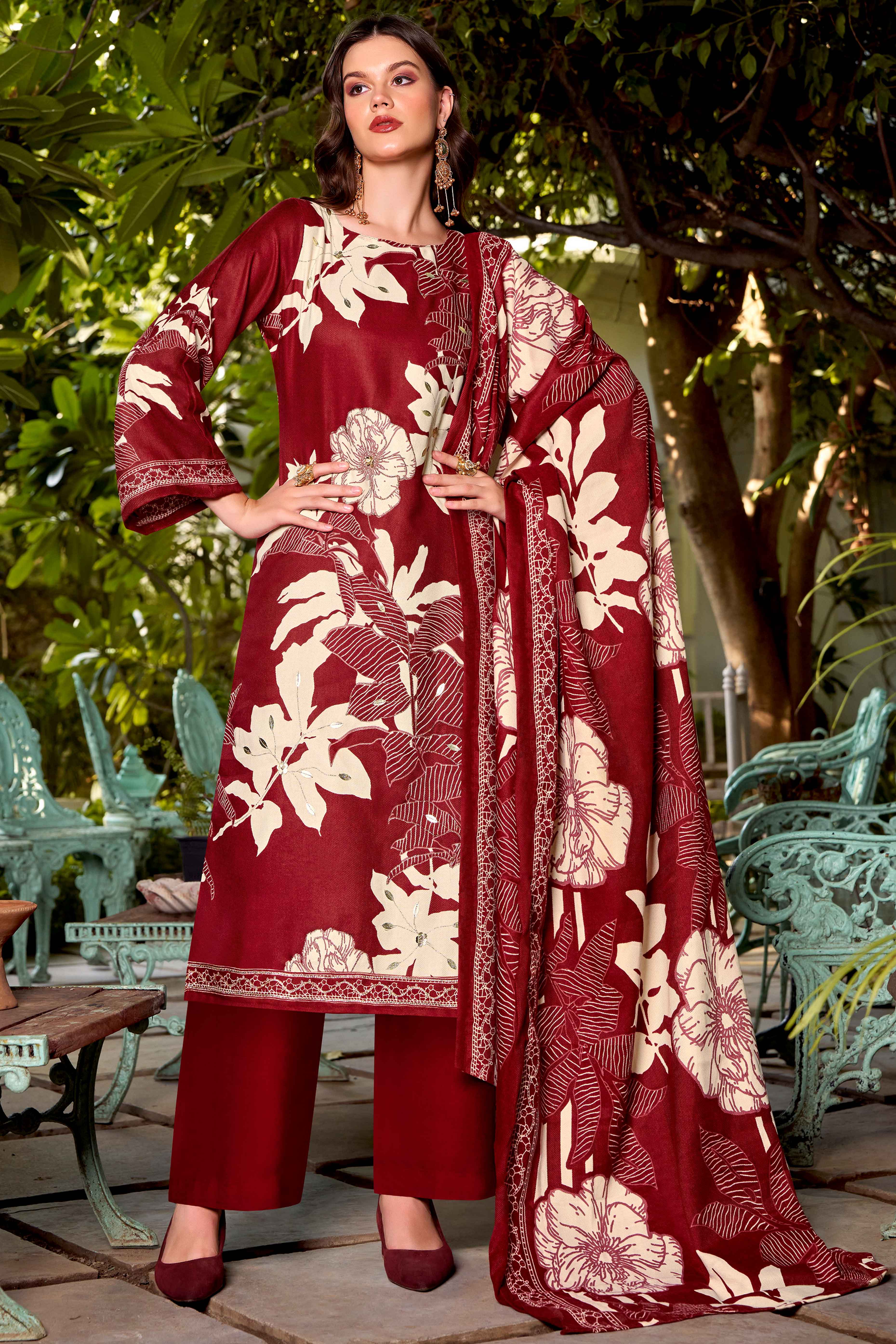 Maroon Elegant Floral Printed Pure Pashmina Dress Material for Winter Wear