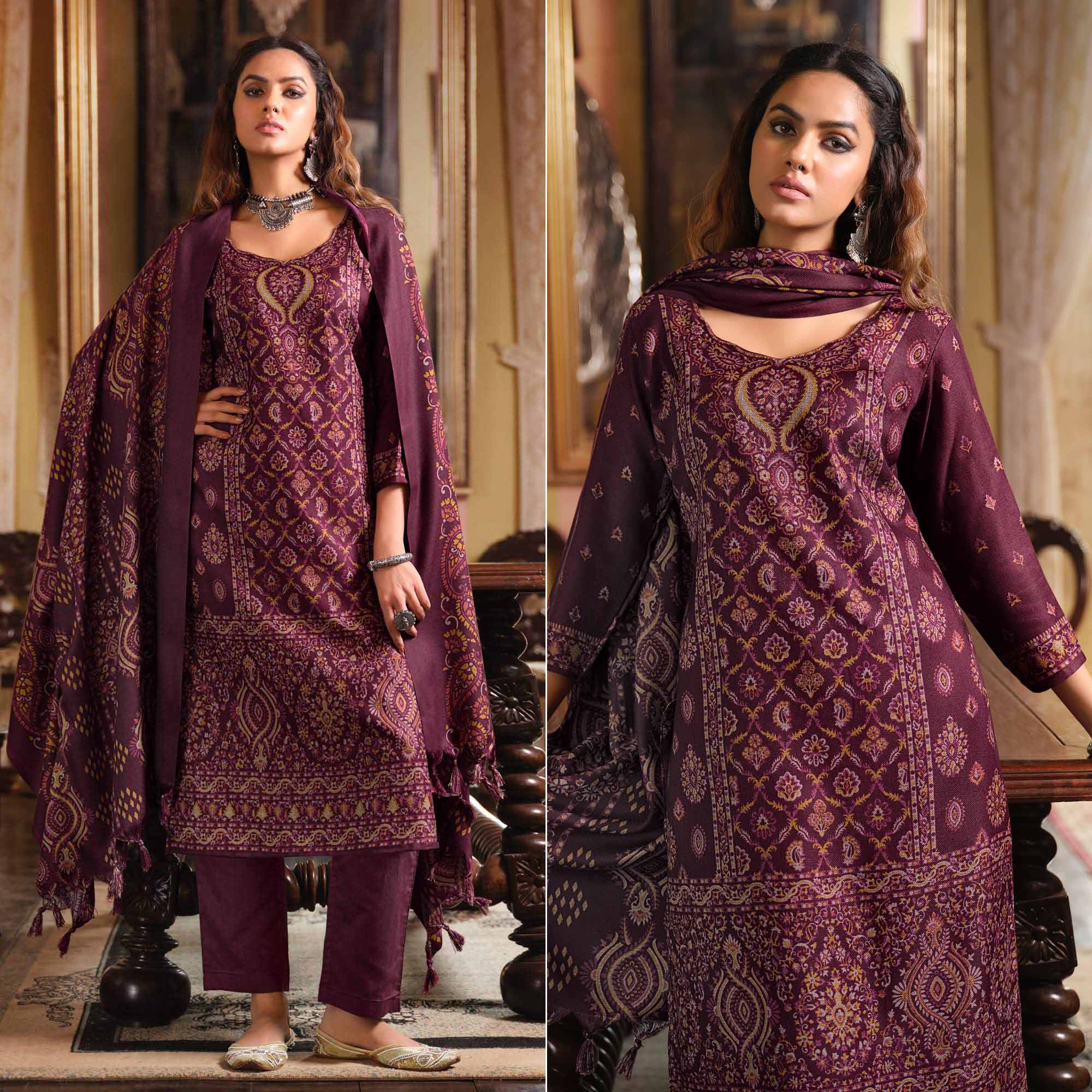 Wine Digital Printed Pashmina Woolen Suit