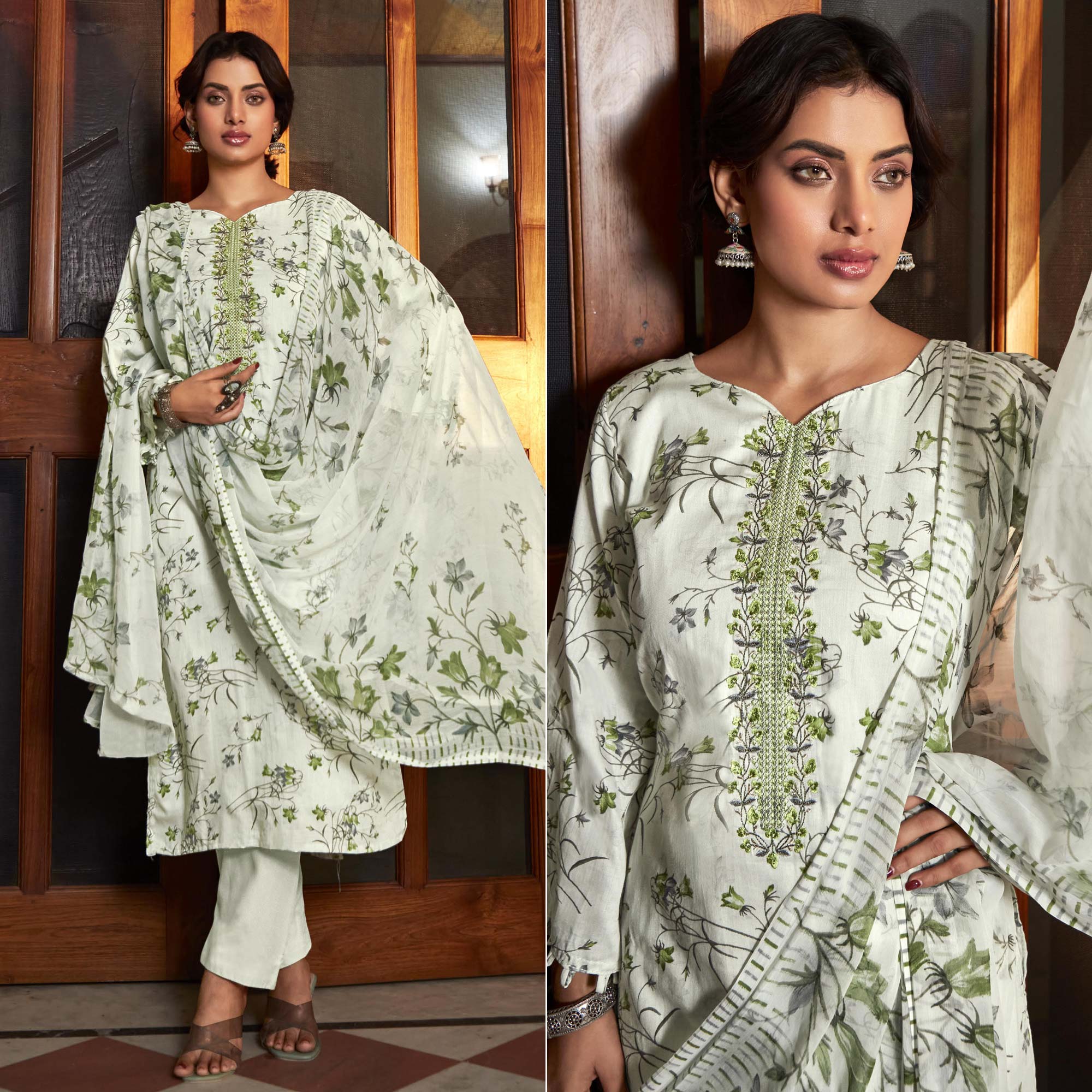 Green Printed With Embroidered Pure Cotton Suit