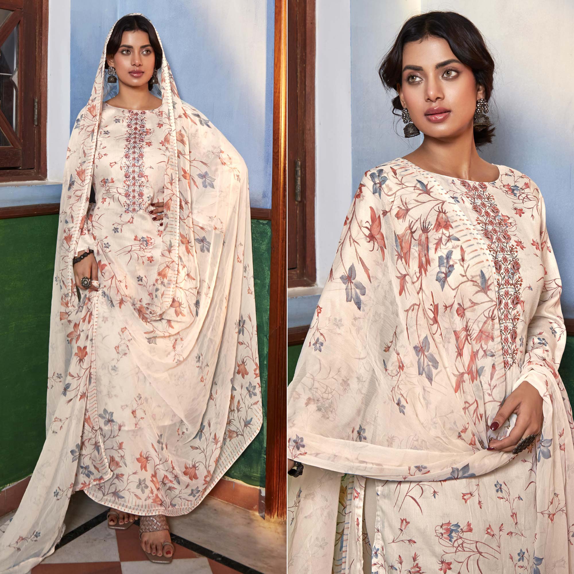 Cream Printed With Embroidered Pure Cotton Suit