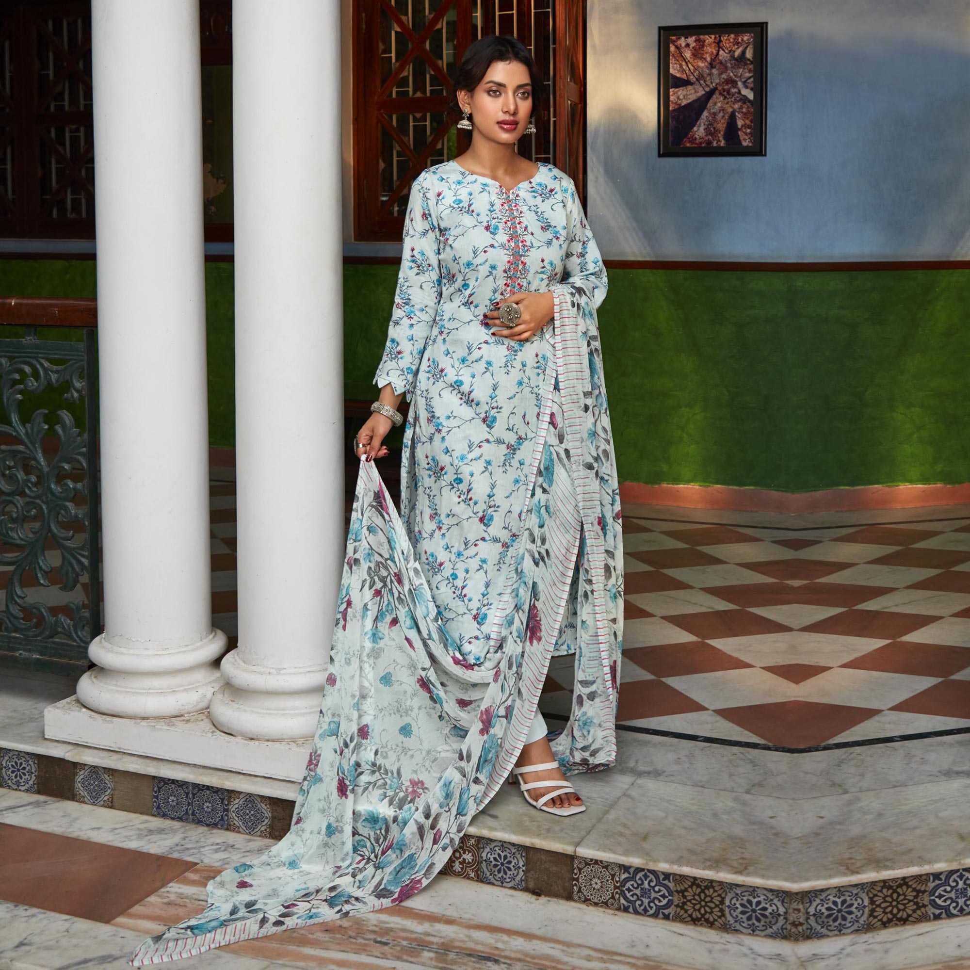 Blue Printed With Embroidered Pure Cotton Suit