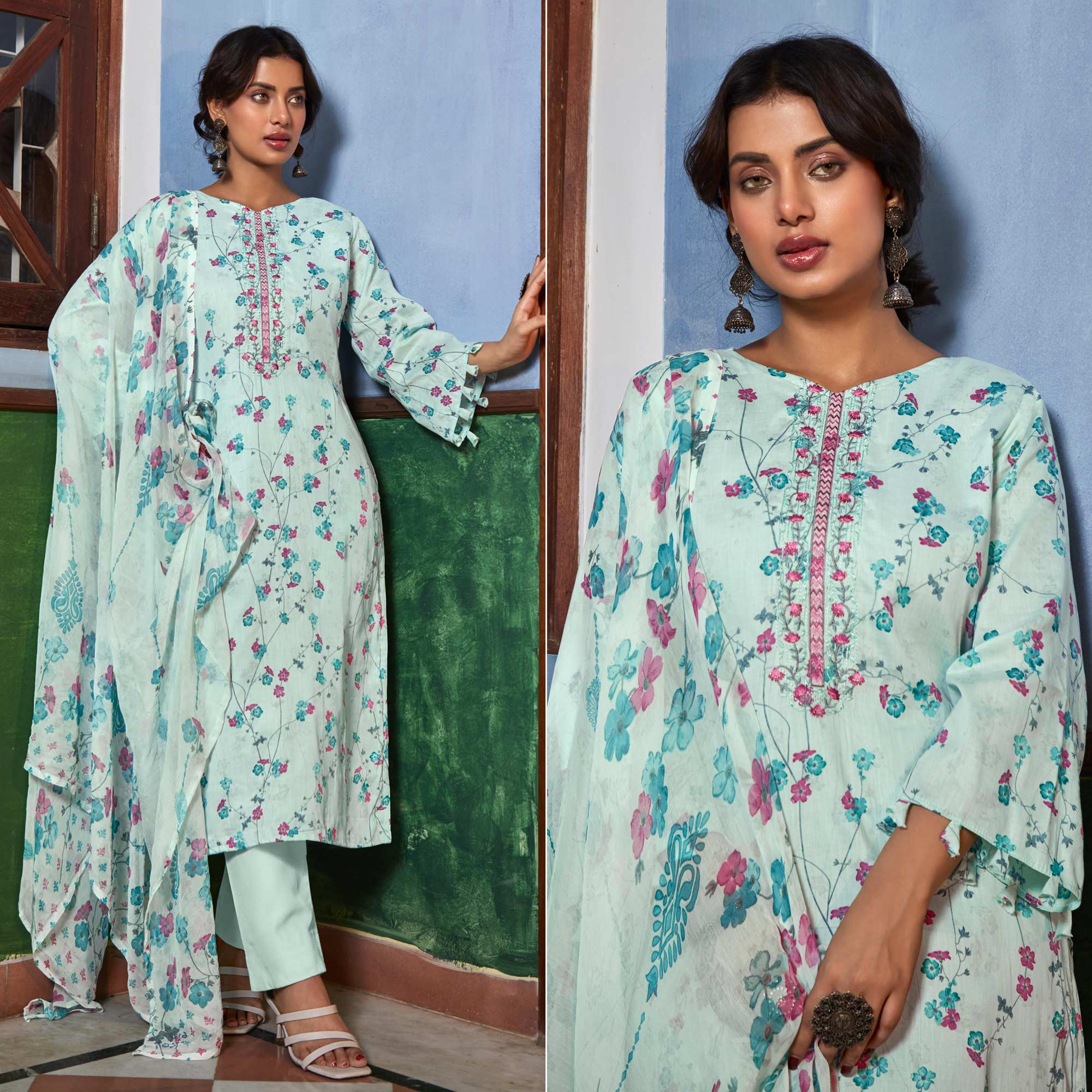 Turquoise Printed With Embroidered Pure Cotton Suit