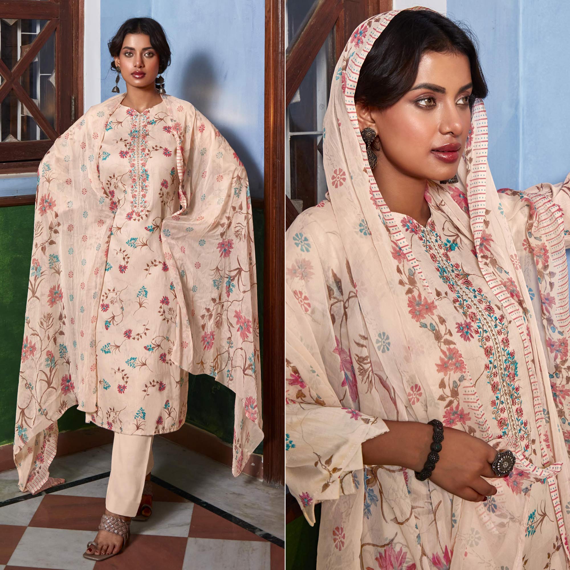 Peach Printed With Embroidered Pure Cotton Suit