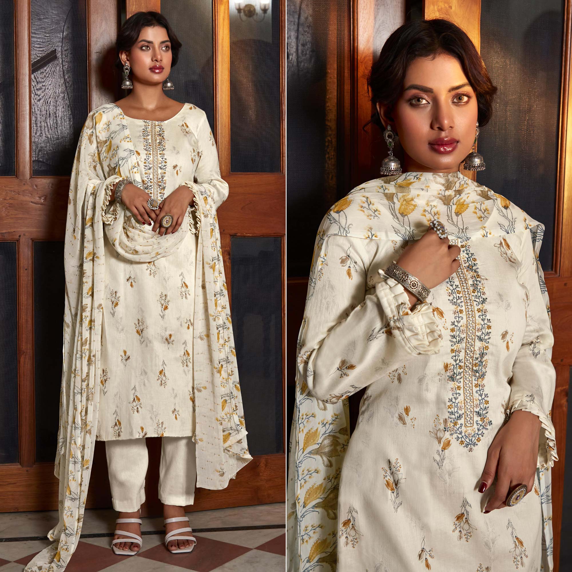 Cream Printed With Embroidered Pure Cotton Suit