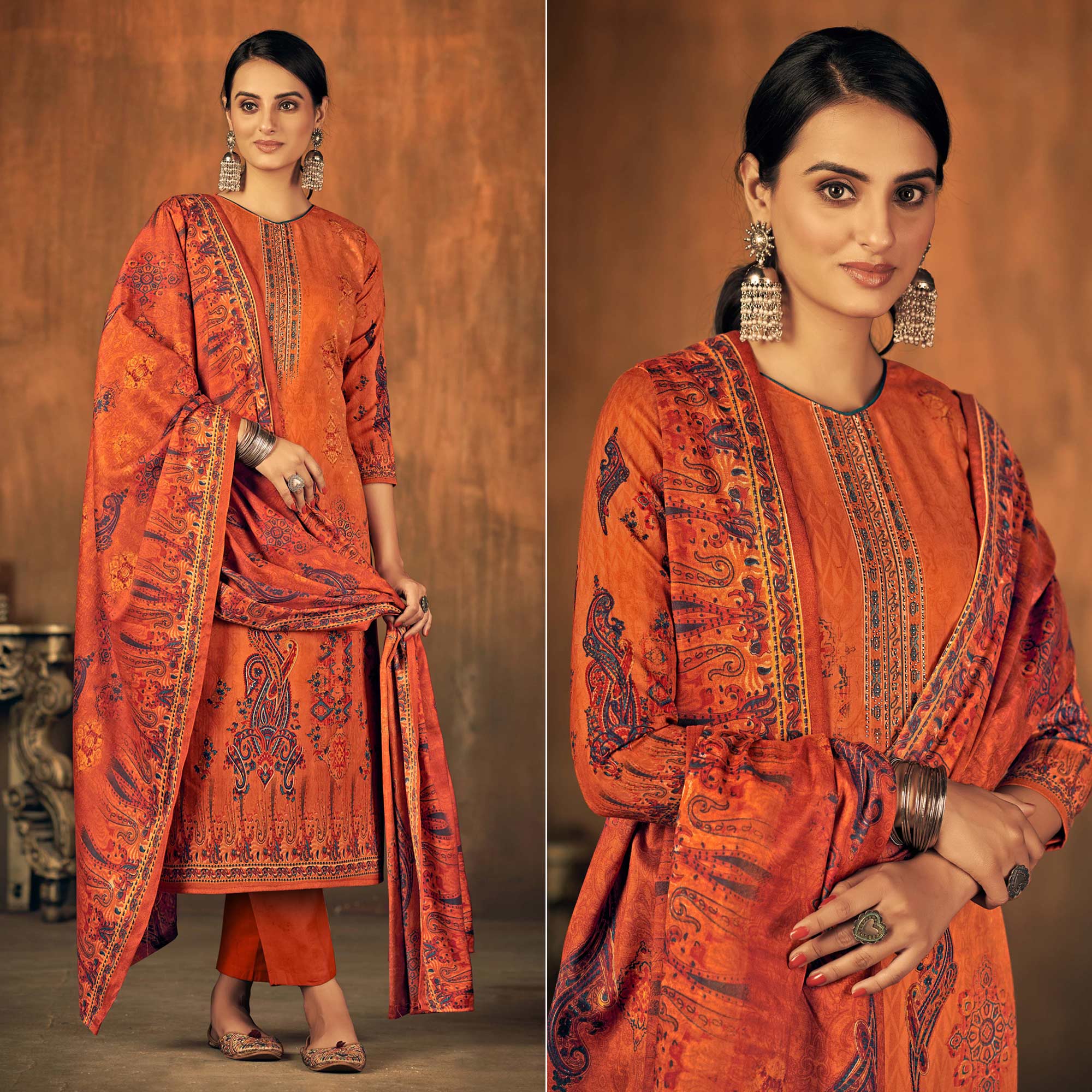 Orange Printed With Swarovski Work Pashmina Salwar Suit
