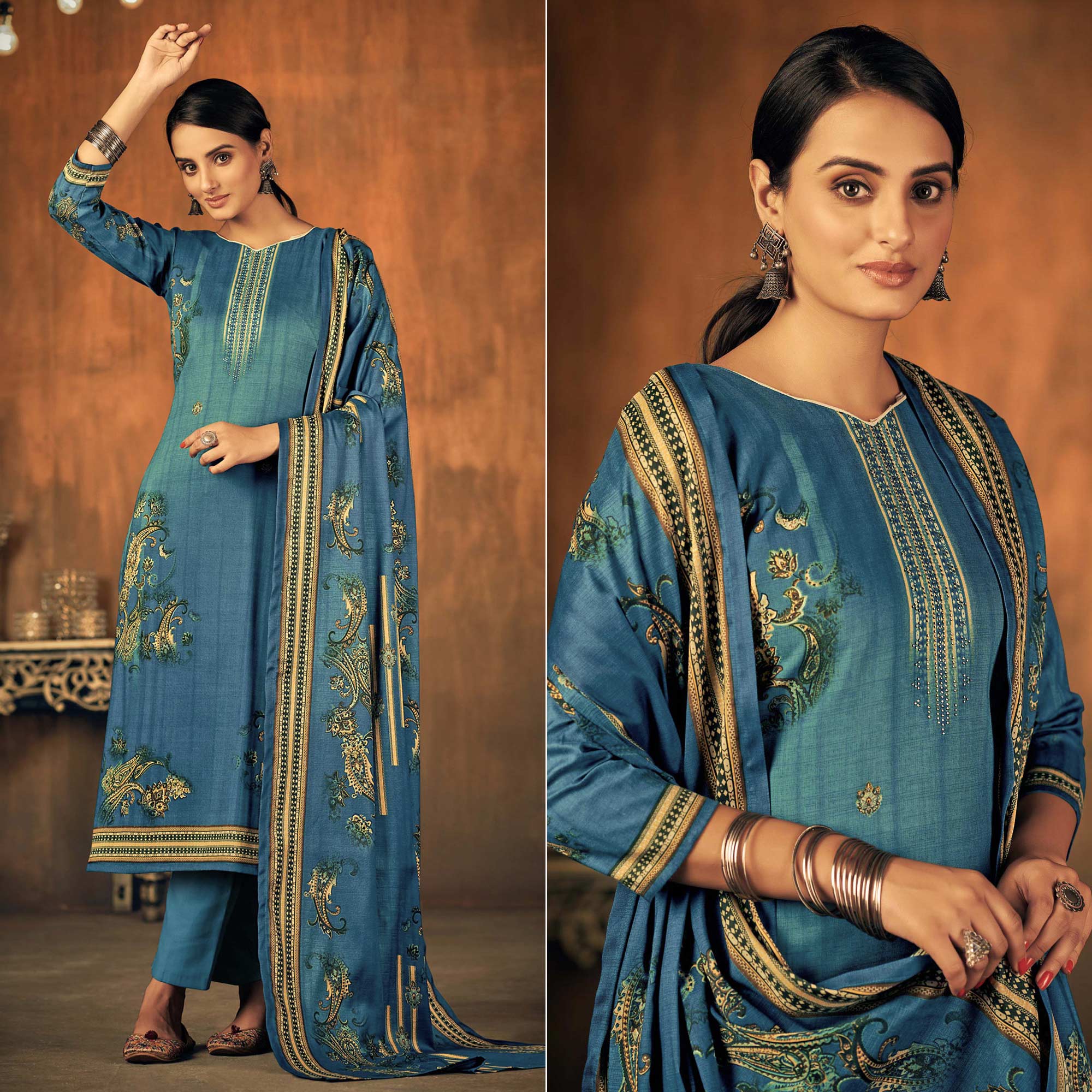Blue Printed With Swarovski Work Pashmina Salwar Suit