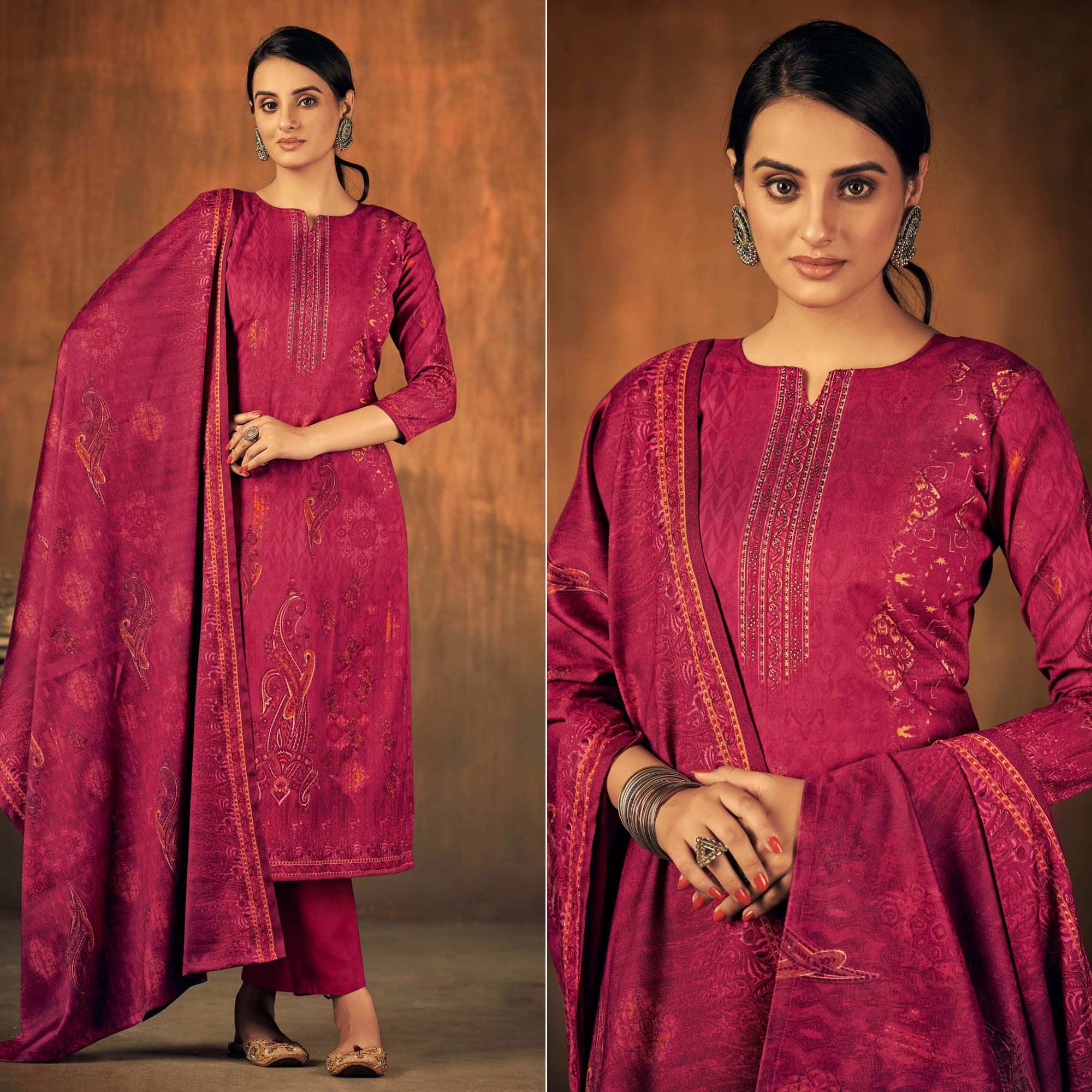 Magenta Printed With Swarovski Work Pashmina Salwar Suit