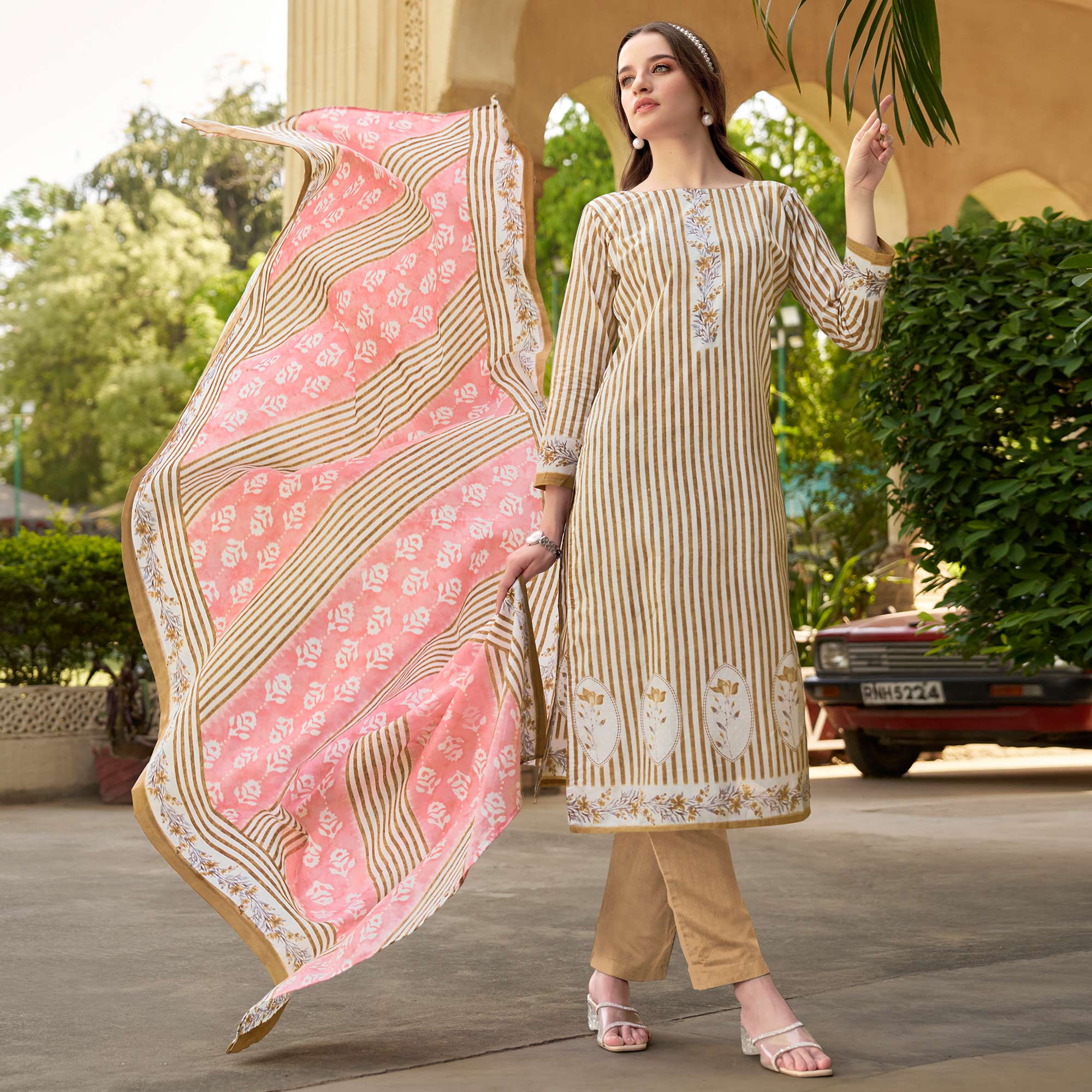 Beige Printed Pure Cotton Dress Material