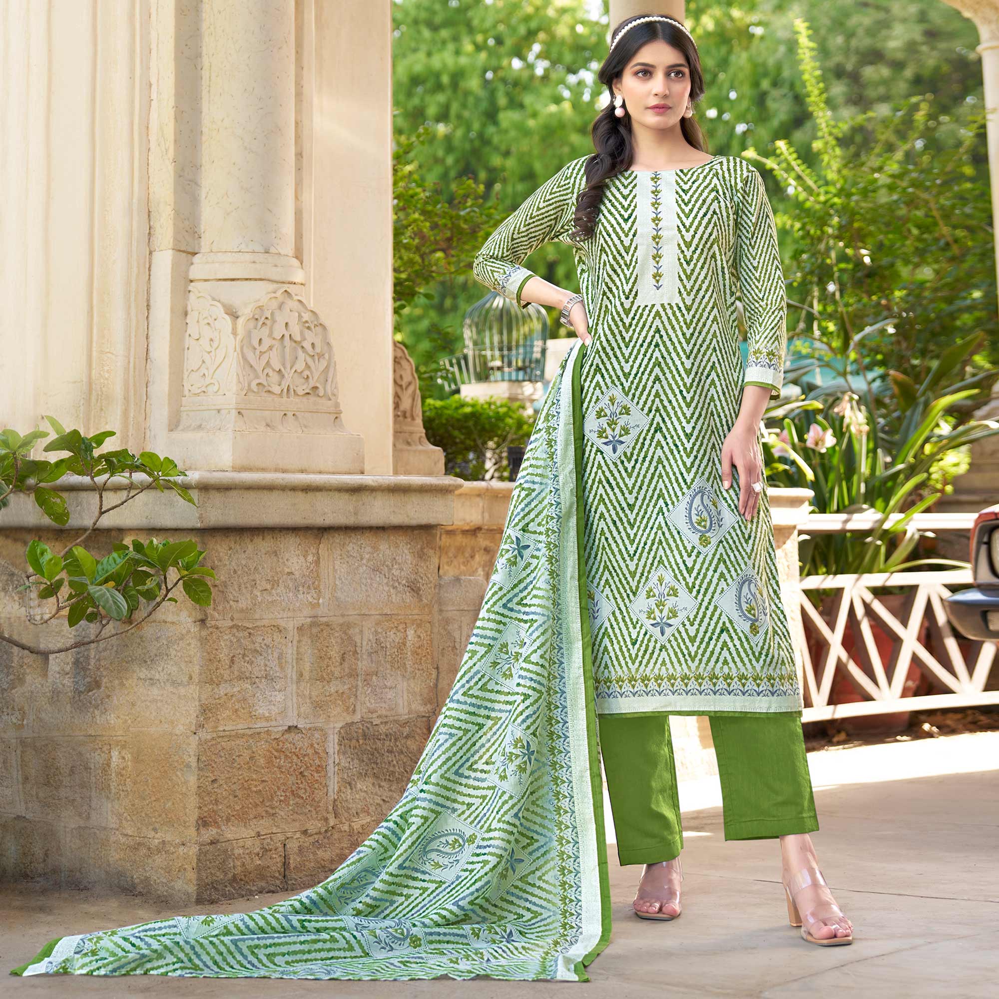 Green Printed Pure Cotton Dress Material