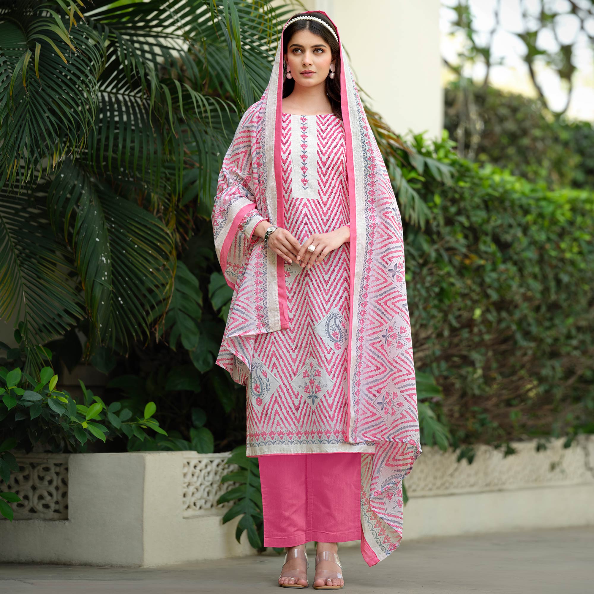 Pink Printed Pure Cotton Dress Material