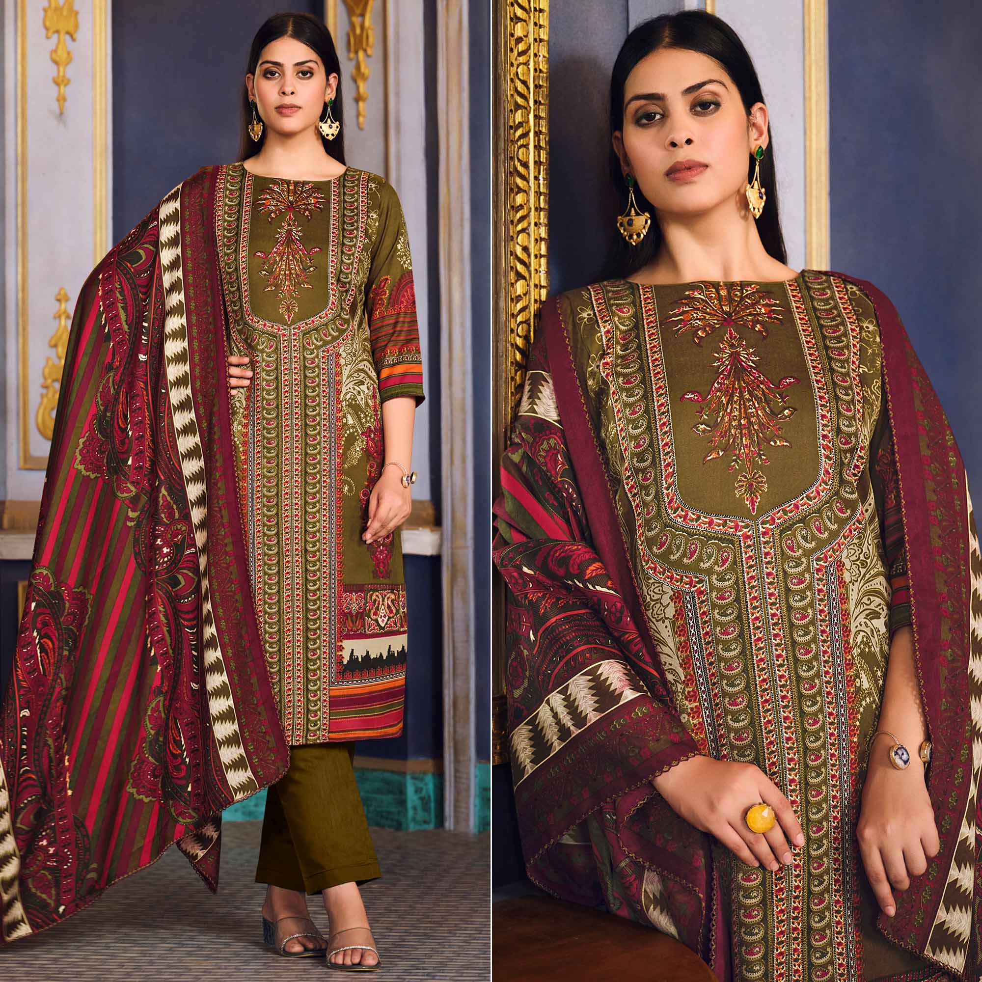 Mehendi Green Digital Printed Pashmina Woolen Suit