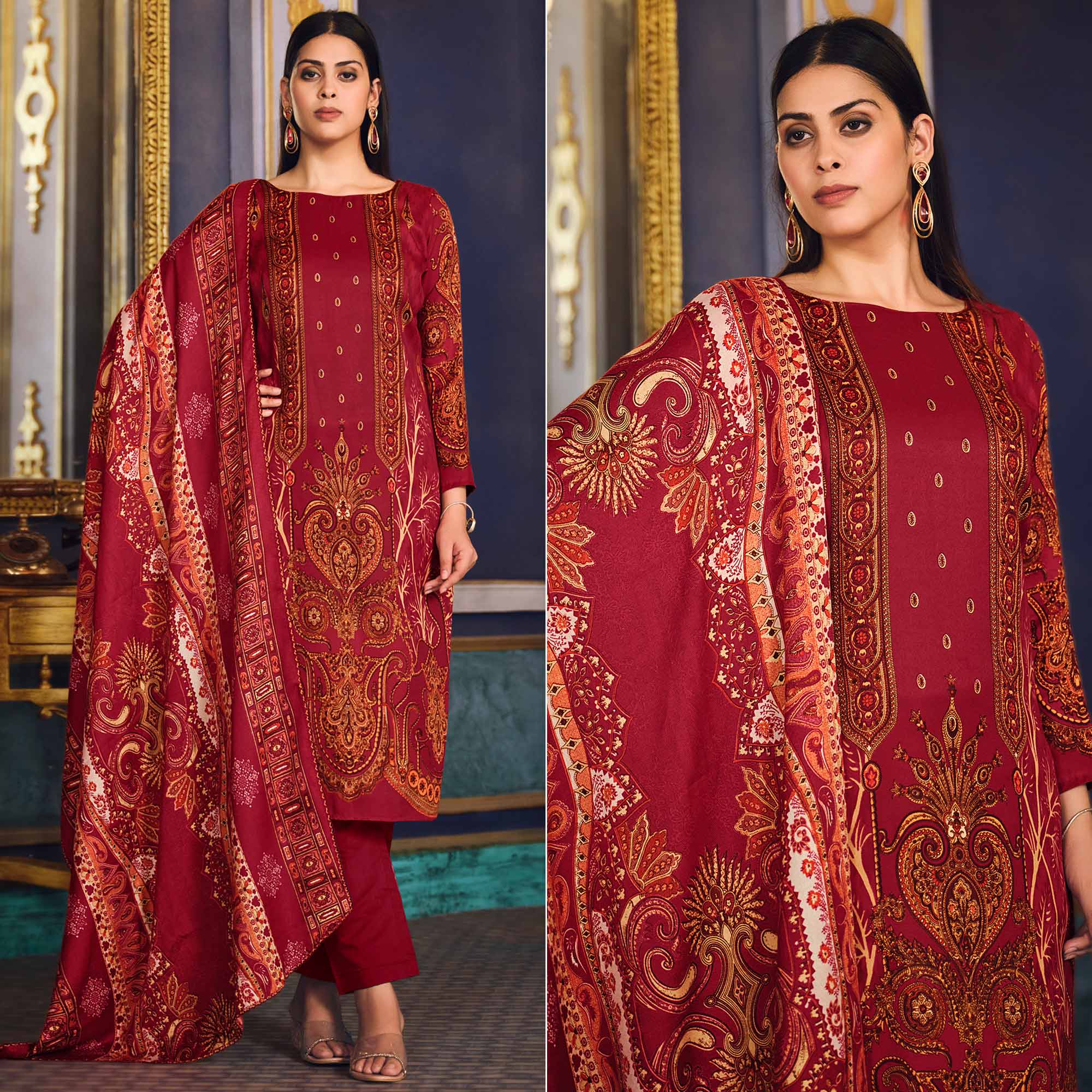 Red Digital Printed Pashmina Woolen Suit