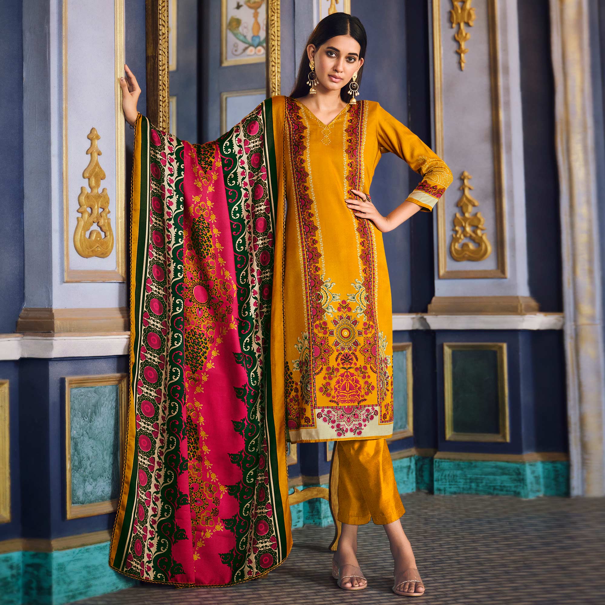 Yellow Digital Printed Pashmina Woolen Suit