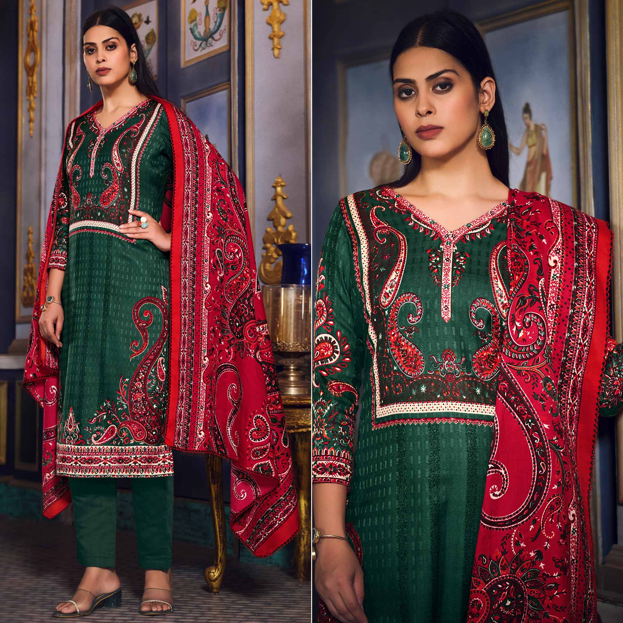 Green Digital Printed Pashmina Woolen Suit