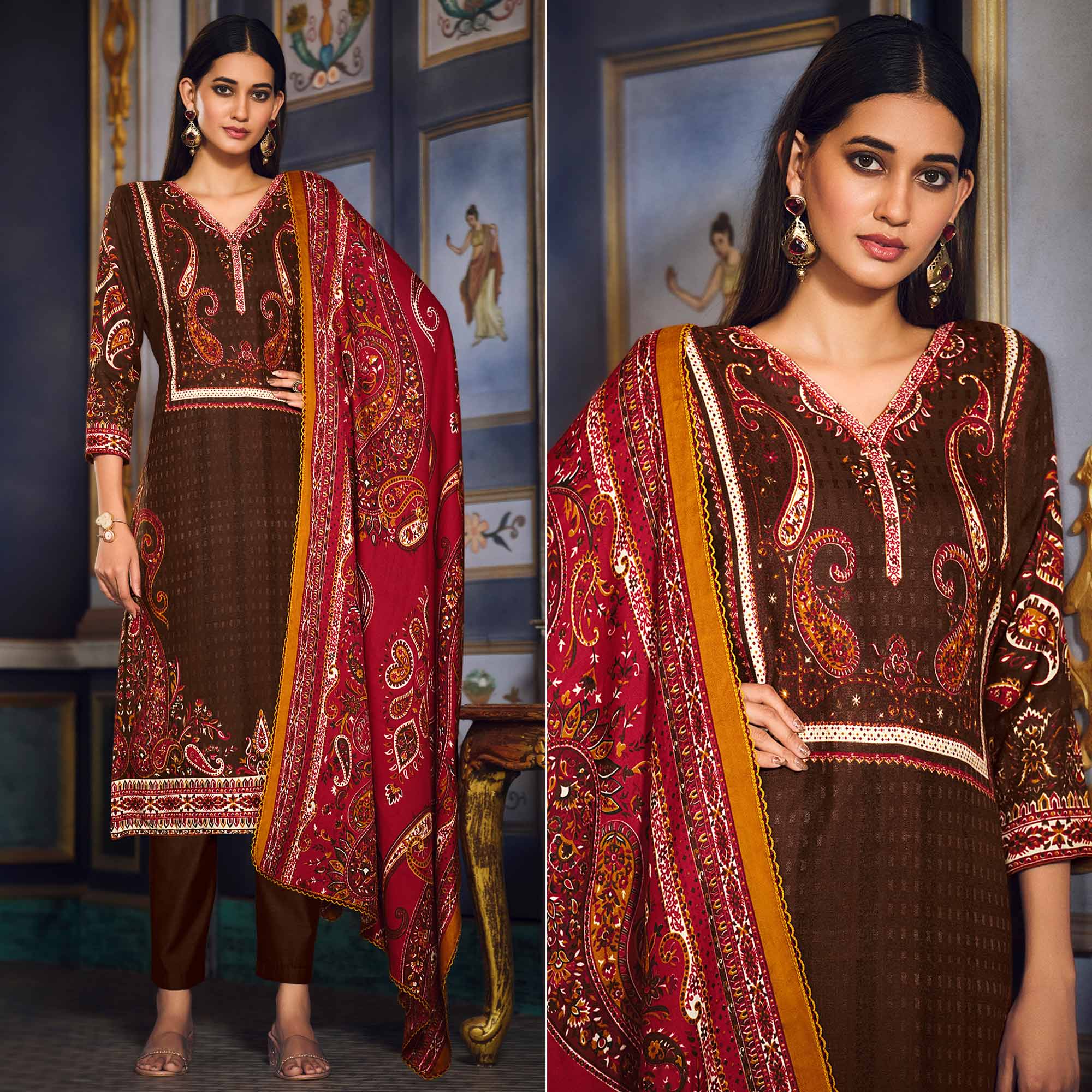 Brown Digital Printed Pashmina Woolen Suit