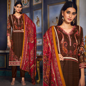Brown Digital Printed Pashmina Woolen Suit