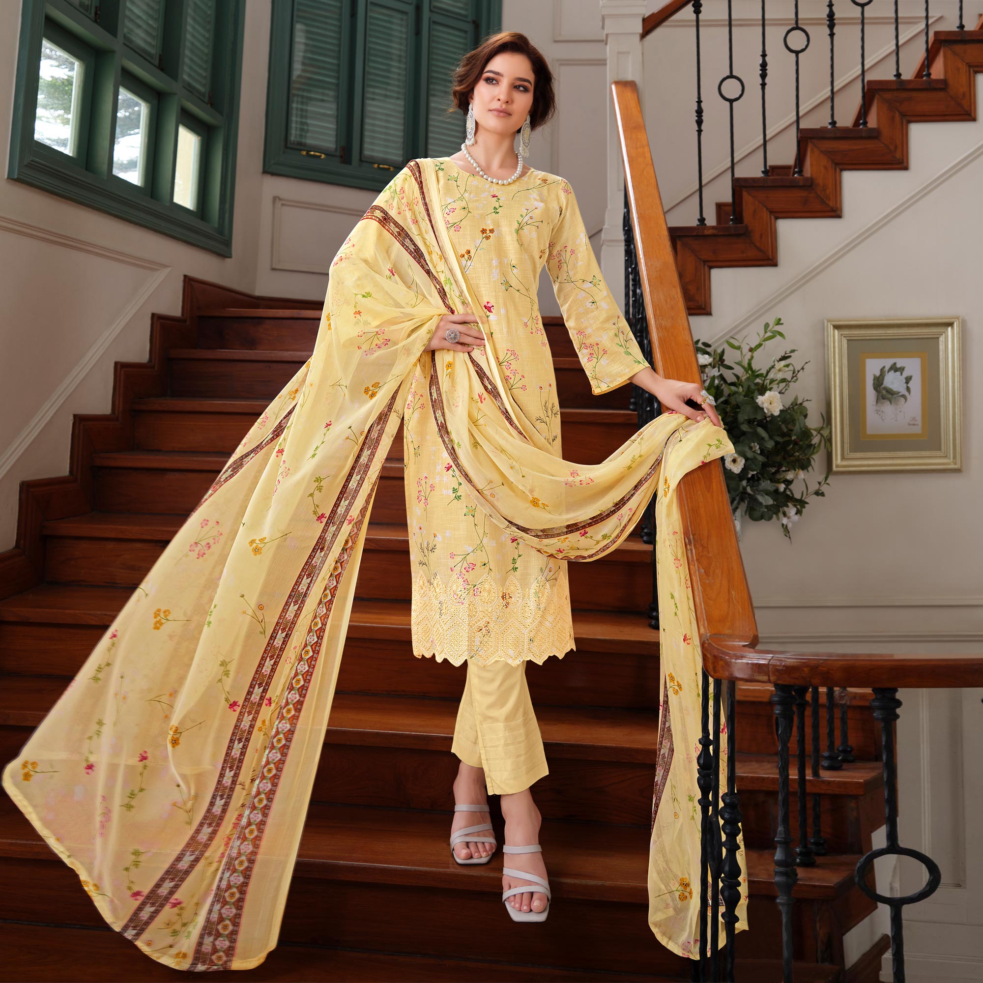 Yellow Floral Digital Printed Pure Cotton Salwar Suit