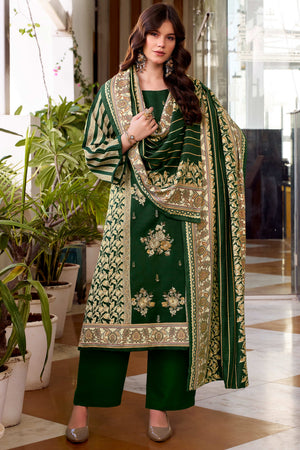 Green Floral Printed Pure Wool Pashmina Suit Material Ideal for Winter Fashion