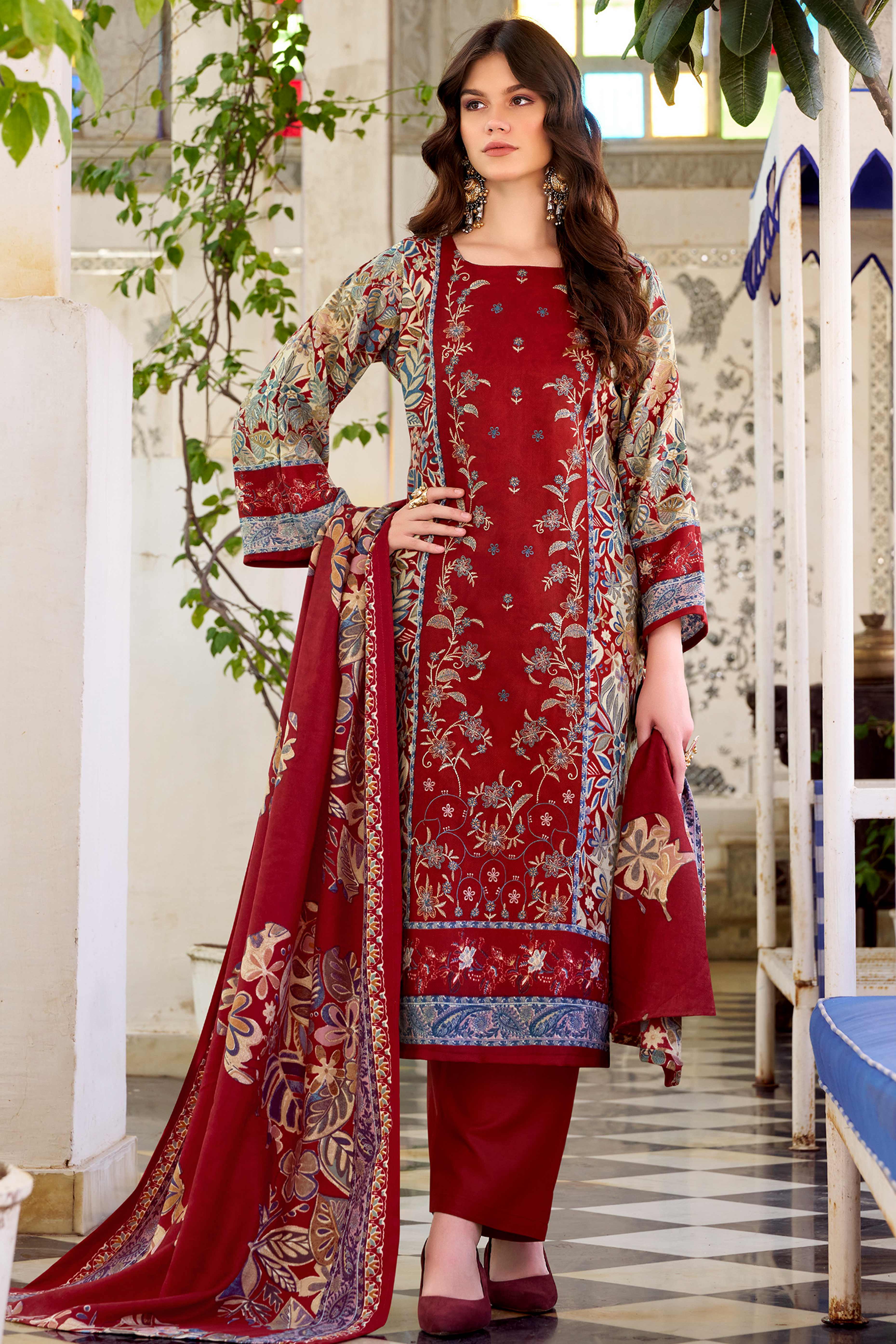 Red Floral Printed Pure Wool Pashmina Suit Material Ideal for Winter Fashion
