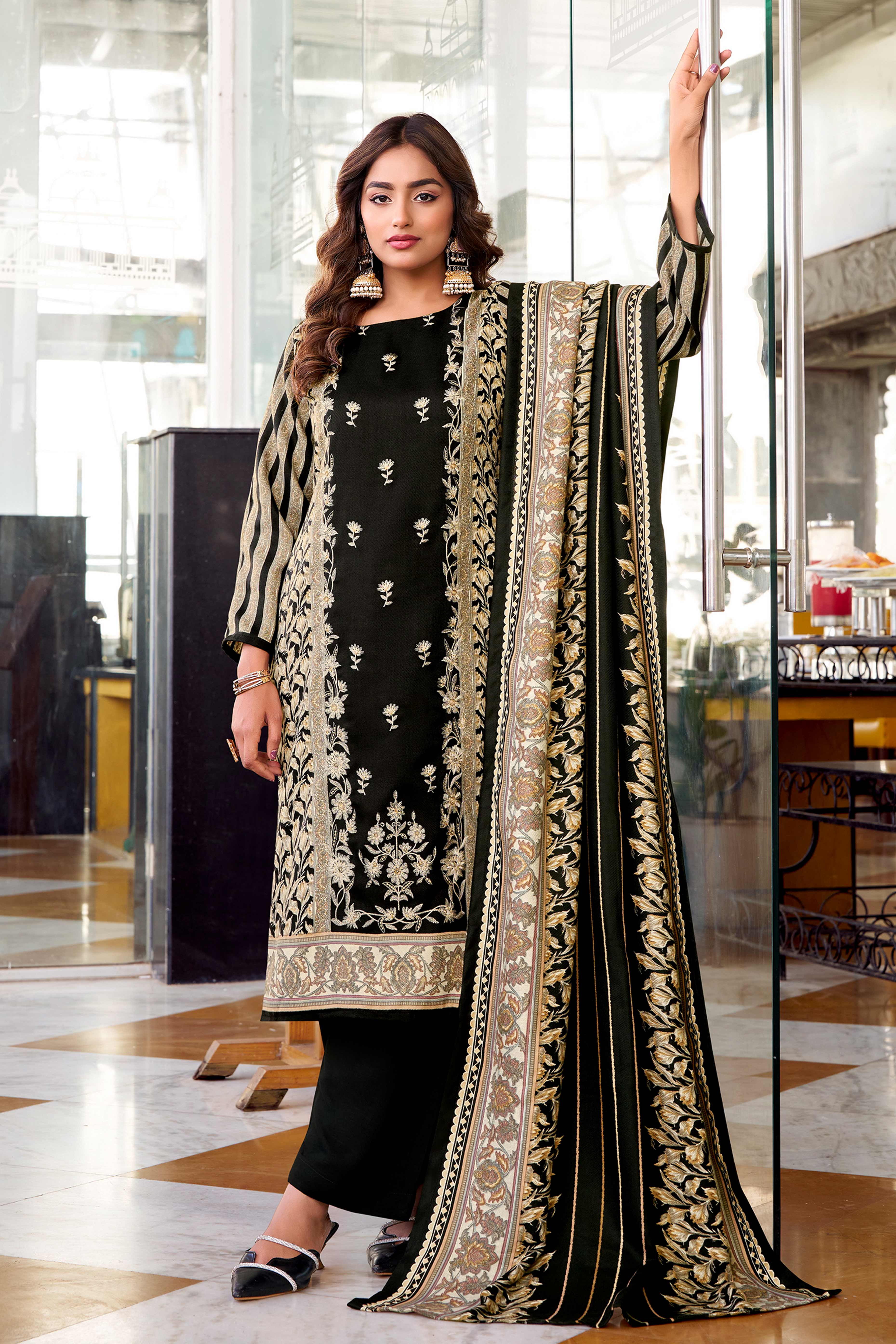 Black Floral Printed Pure Wool Pashmina Suit Material Ideal for Winter Fashion