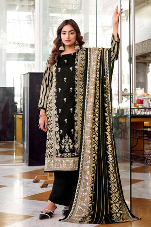 Black Floral Printed Pure Wool Pashmina Suit Material Ideal for Winter Fashion