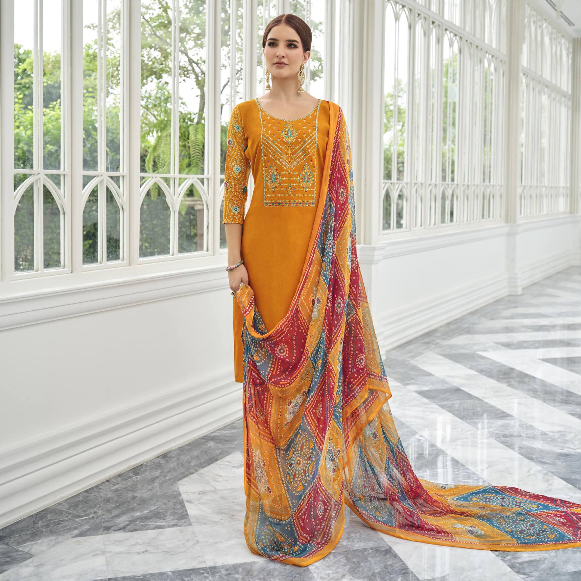 Orange Printed With Embroidered Rayon Suit
