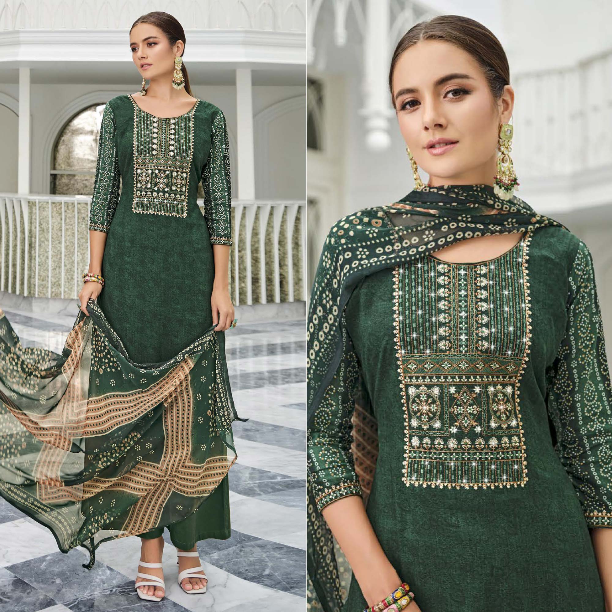 Green Printed With Embroidered Rayon Suit