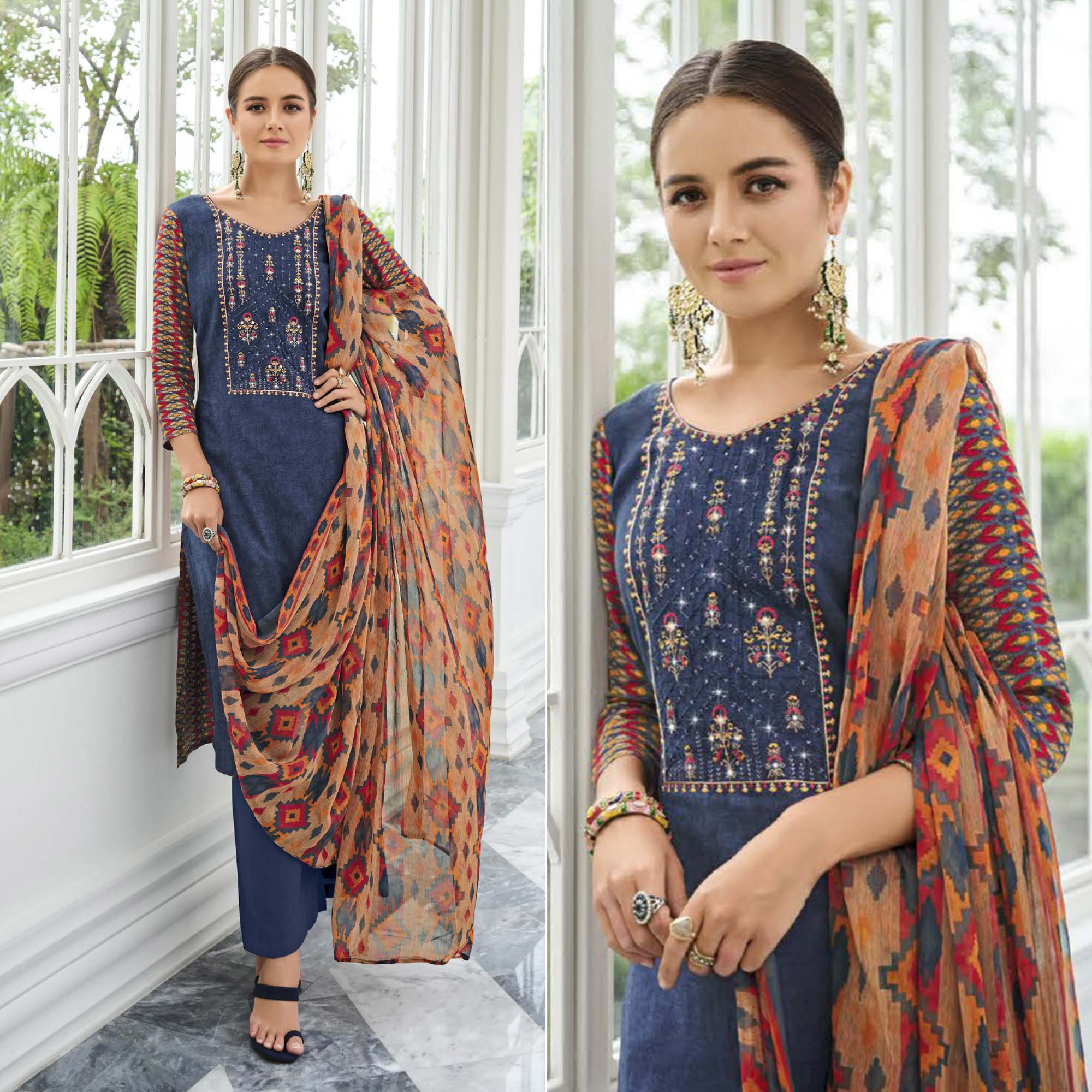 Glamorous Light Blue Rayon Trendy Fashioner Readymade Suit Collection With Light Blue Rayon