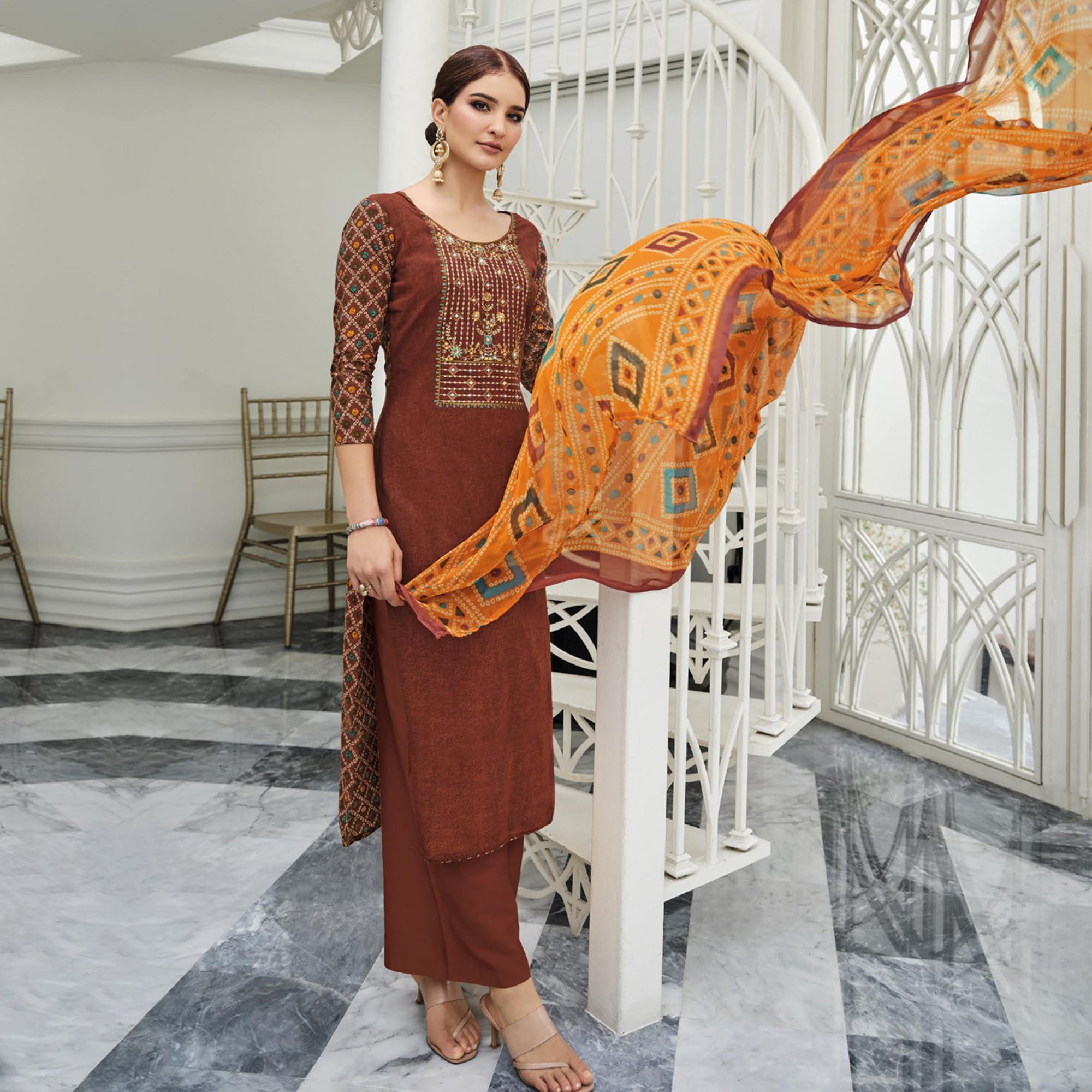 Rust Printed With Embroidered Rayon Suit