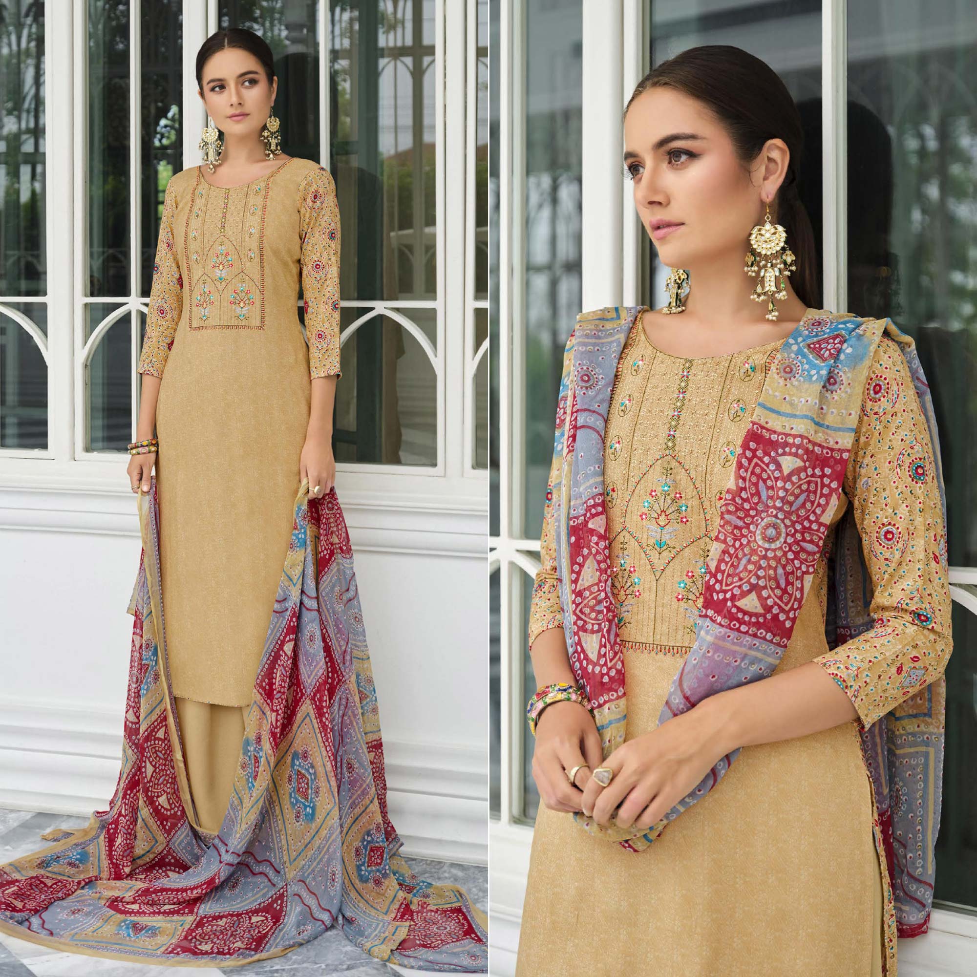 Beige Printed With Embroidered Rayon Suit