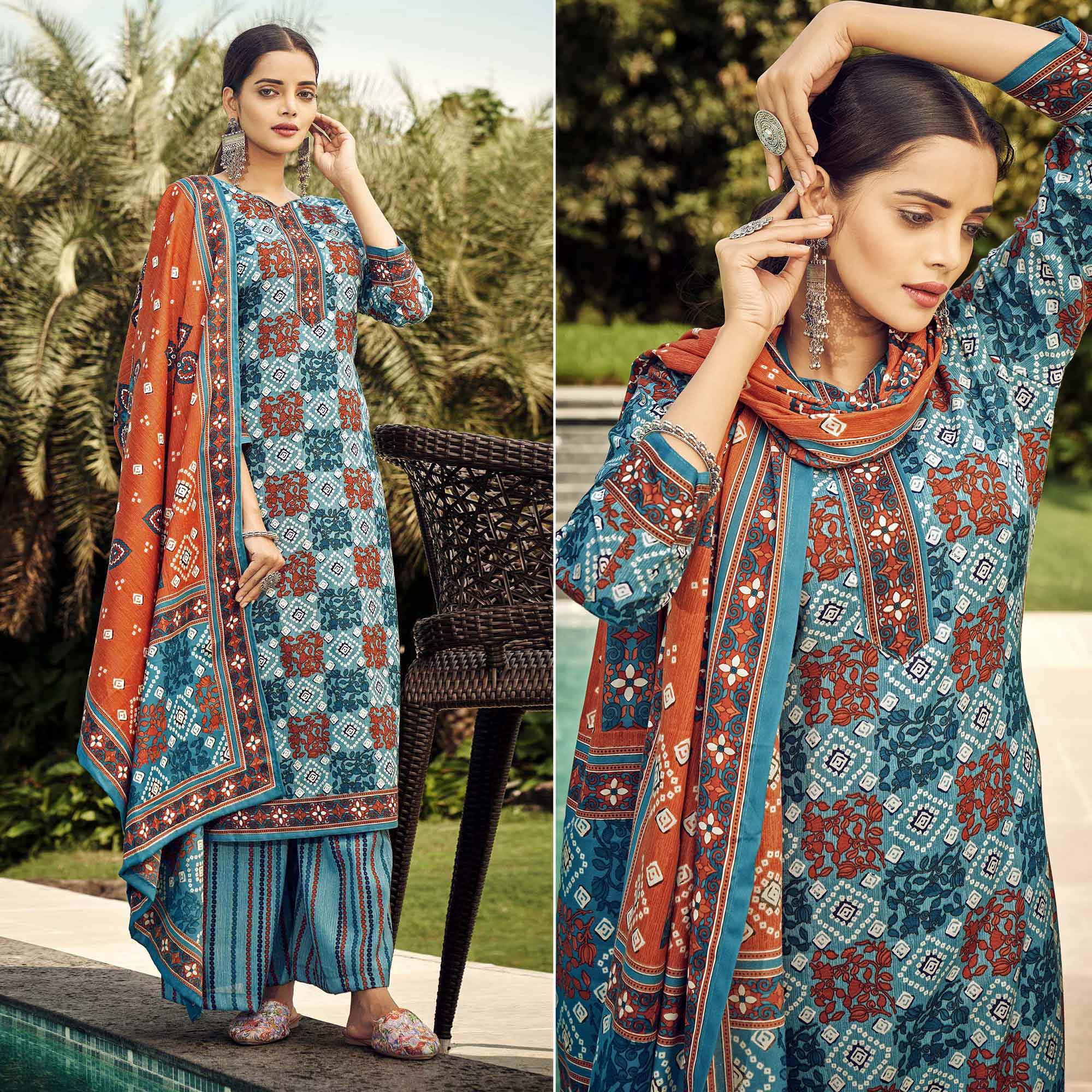 Blue Printed Pashmina Suit