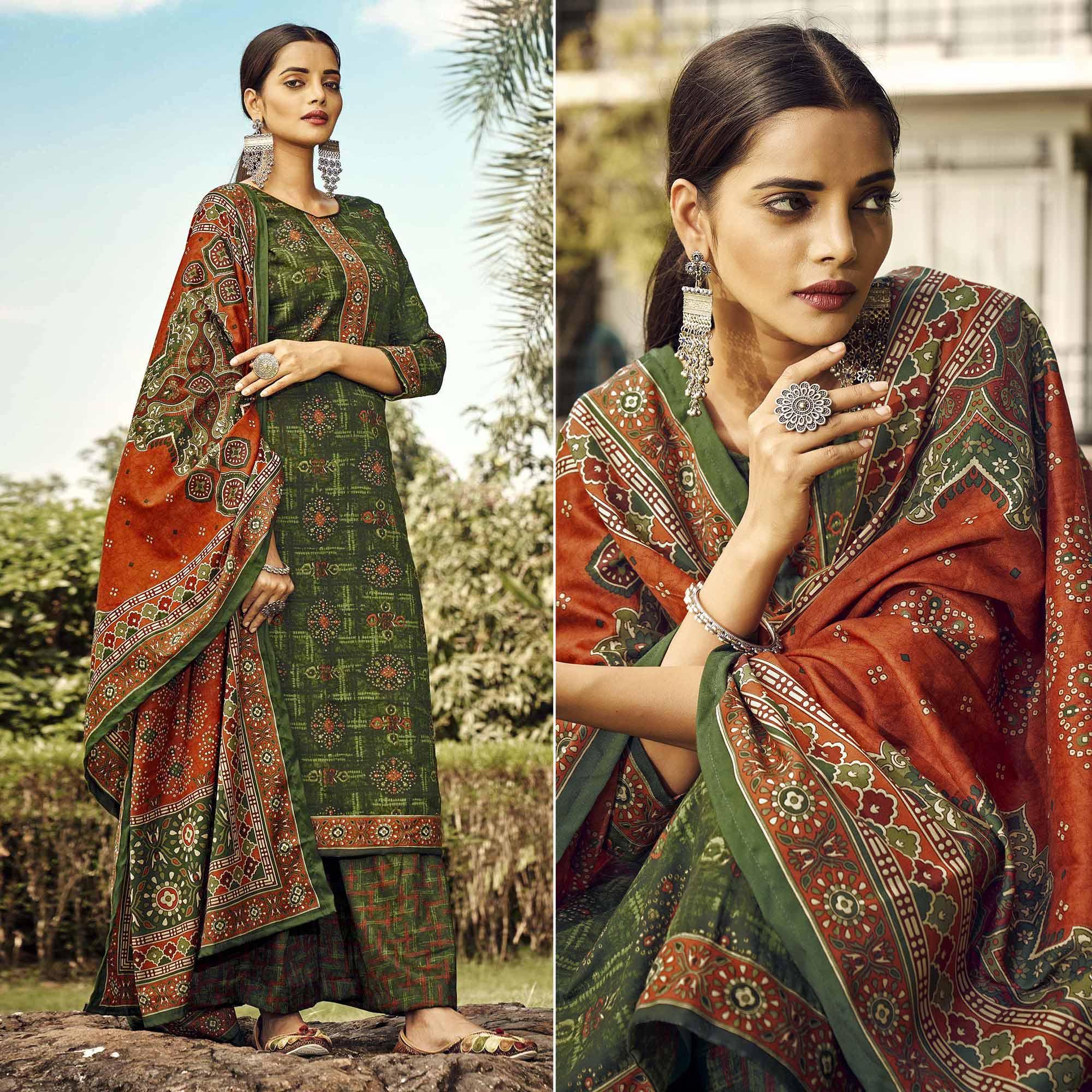 Green Printed Pashmina Suit