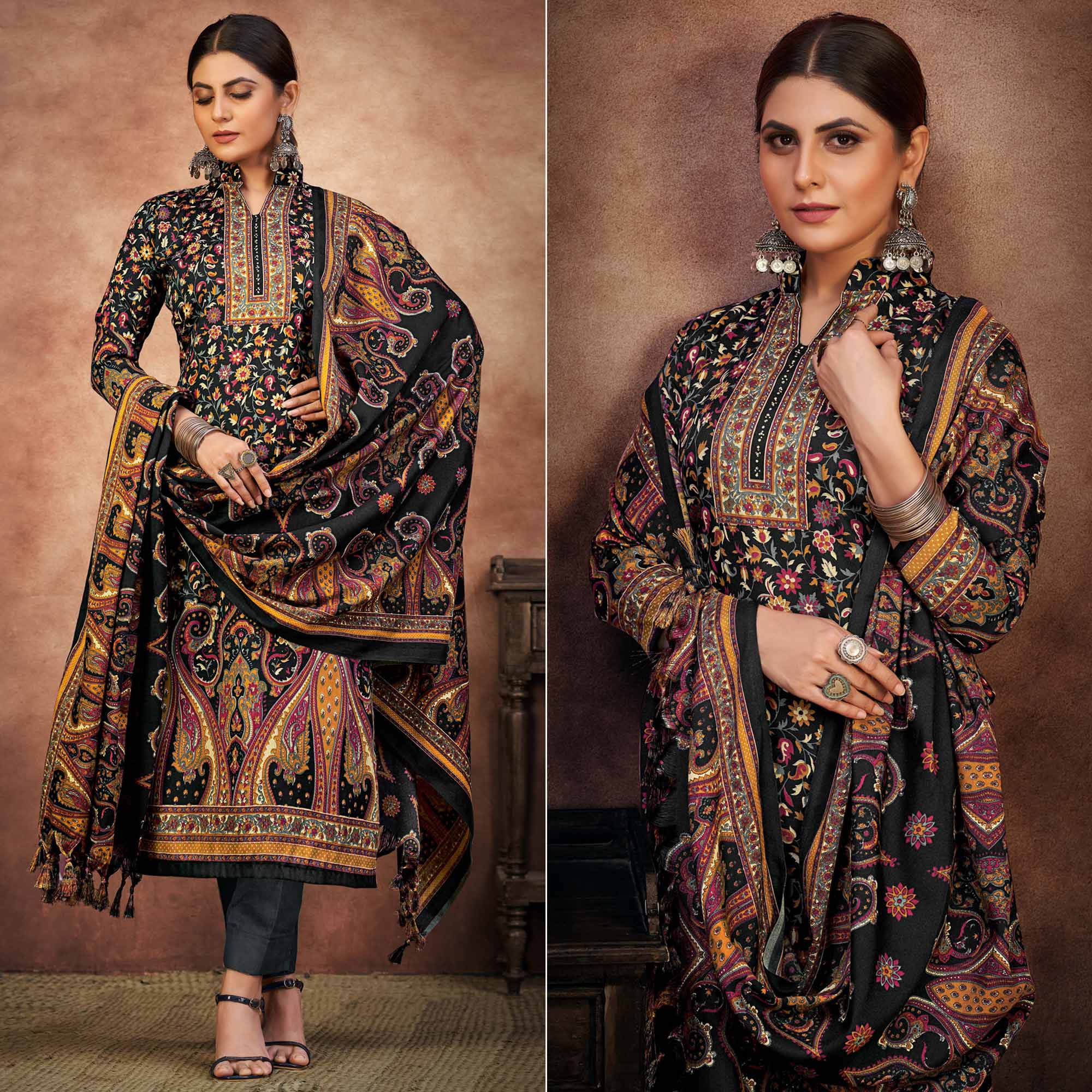 Black Floral Printed With Swarovski Work Pashmina Suit