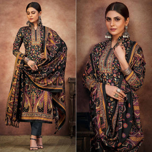 Black Floral Printed With Swarovski Work Pashmina Suit