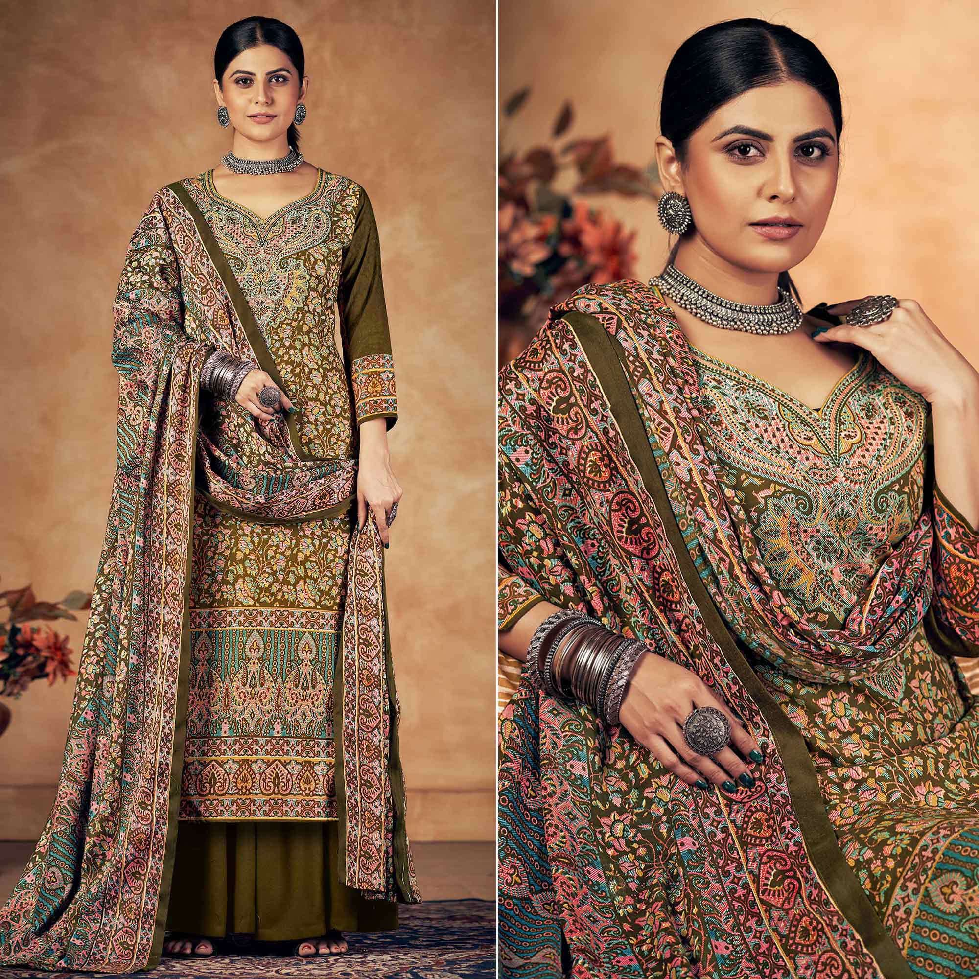 Mehandi Green Floral Printed Pashmina Woolen Suit
