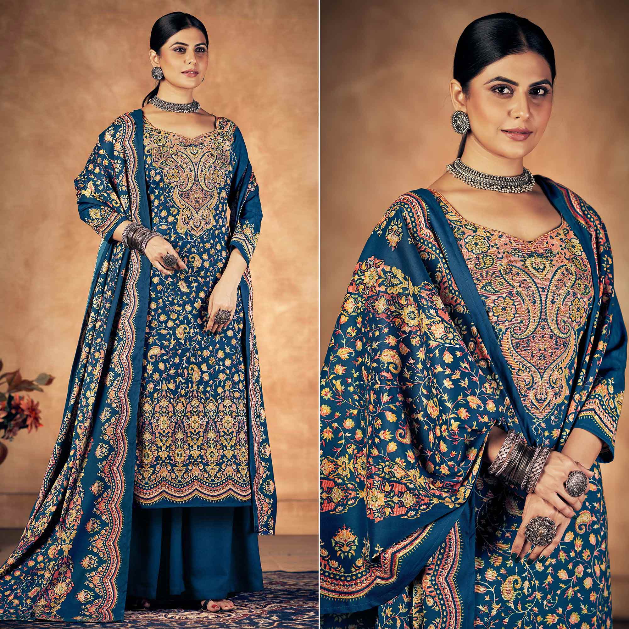 Blue Floral Printed Pashmina Woolen Suit