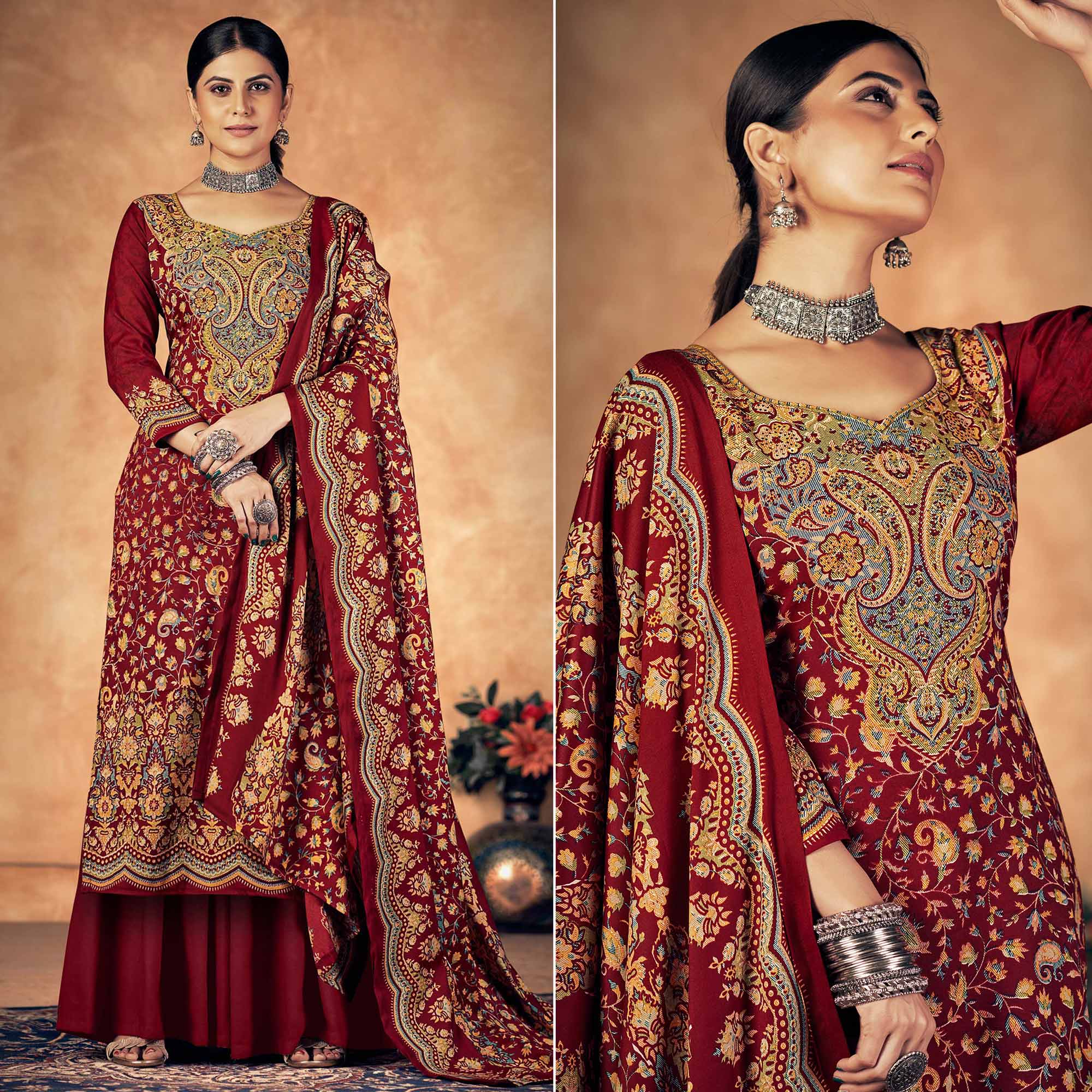Maroon Floral Printed Pashmina Woolen Suit