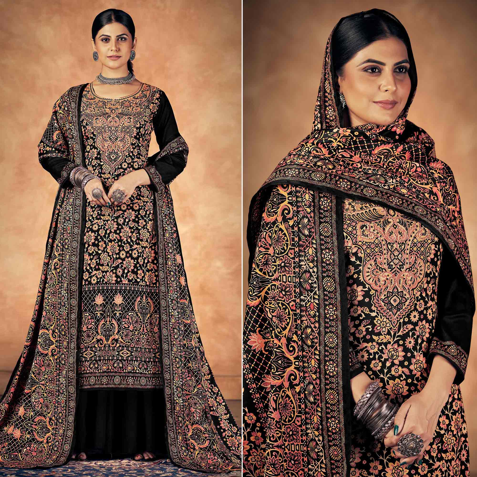 Black Floral Printed Pashmina Woolen Suit